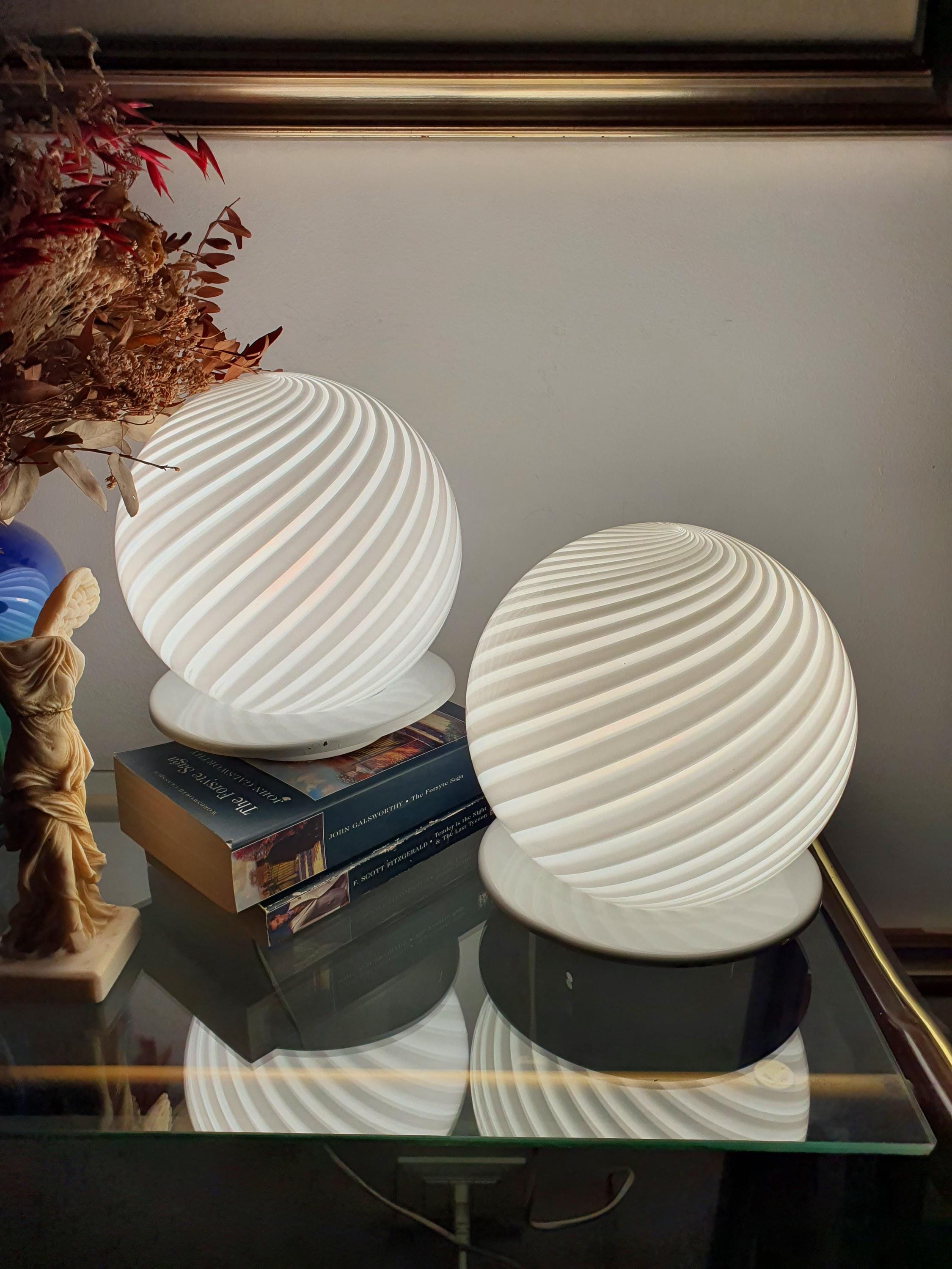 Murano Glass Table Lamps: White Swirl Globe, Mid-Century Modern, Italian Vintage Pair