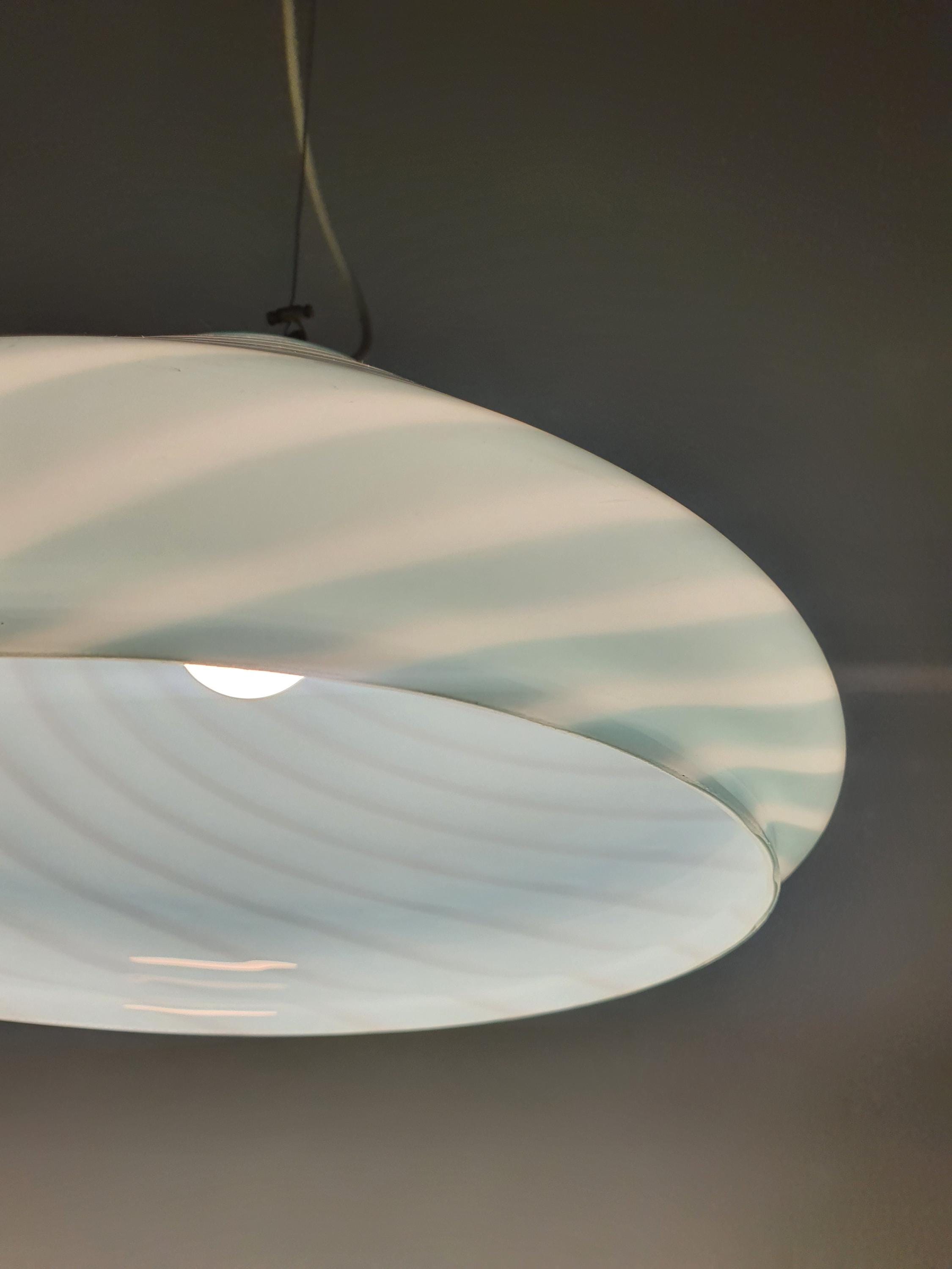 Labelled Murano Glass Light Blue Bell Pendant Light | Candy Swirl Italian Vintage Lamp