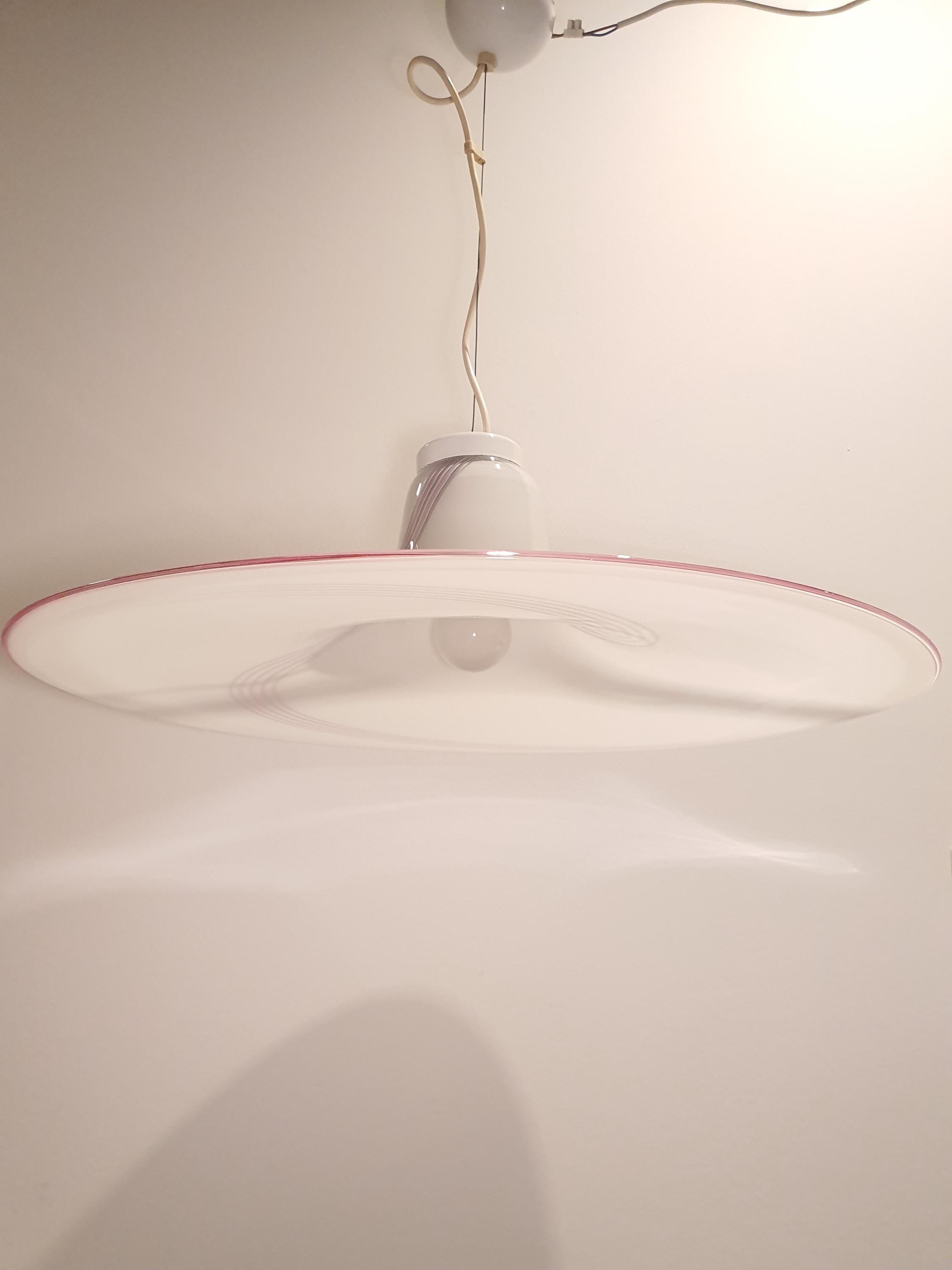 Murano Glass Hat Pendant Light: Pink Gray Swirl, Retro UFO Lamp