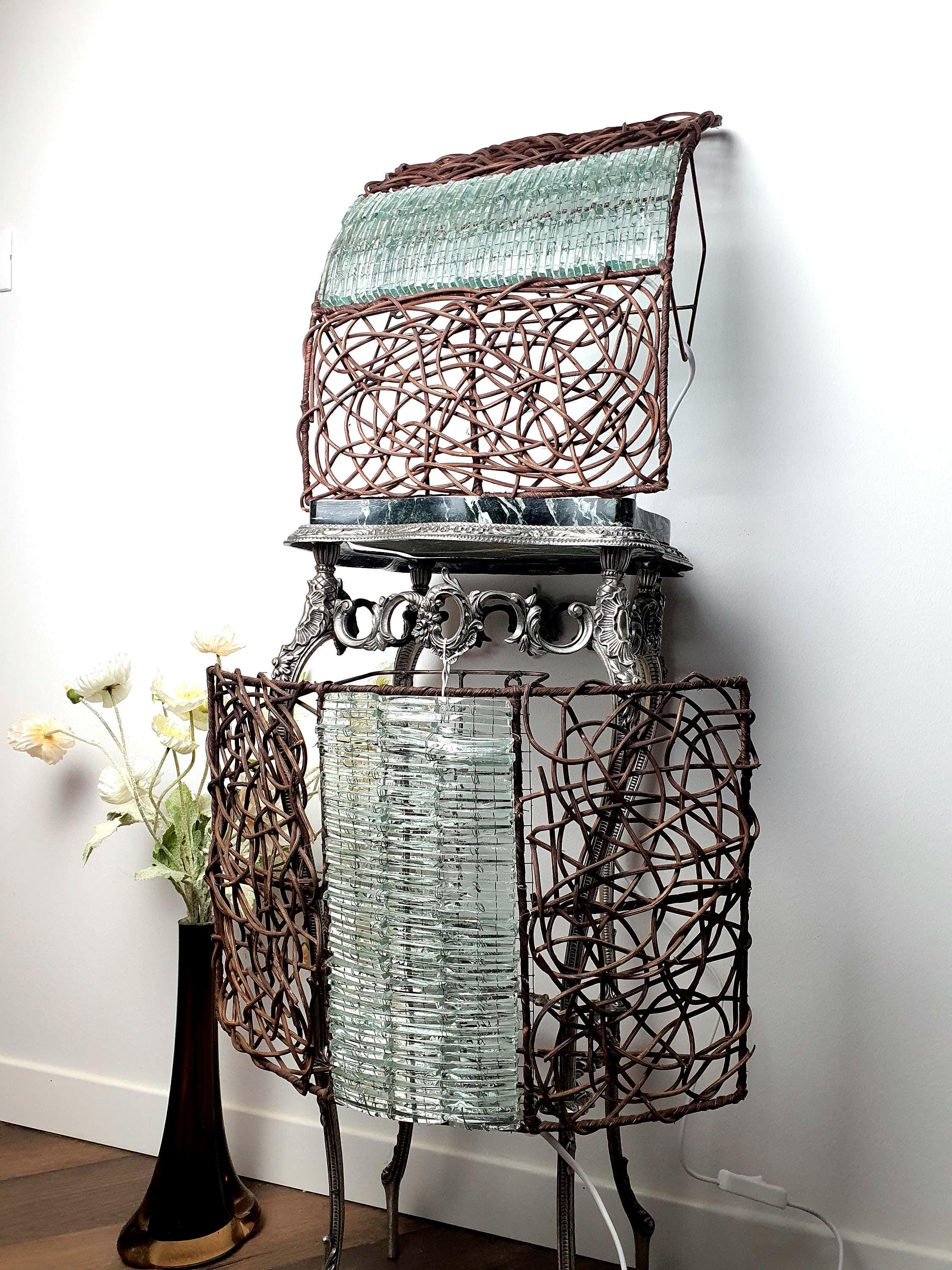 Pair of large mosaic bottle glass and rattan wall sconces, handcrafted vintage lighting