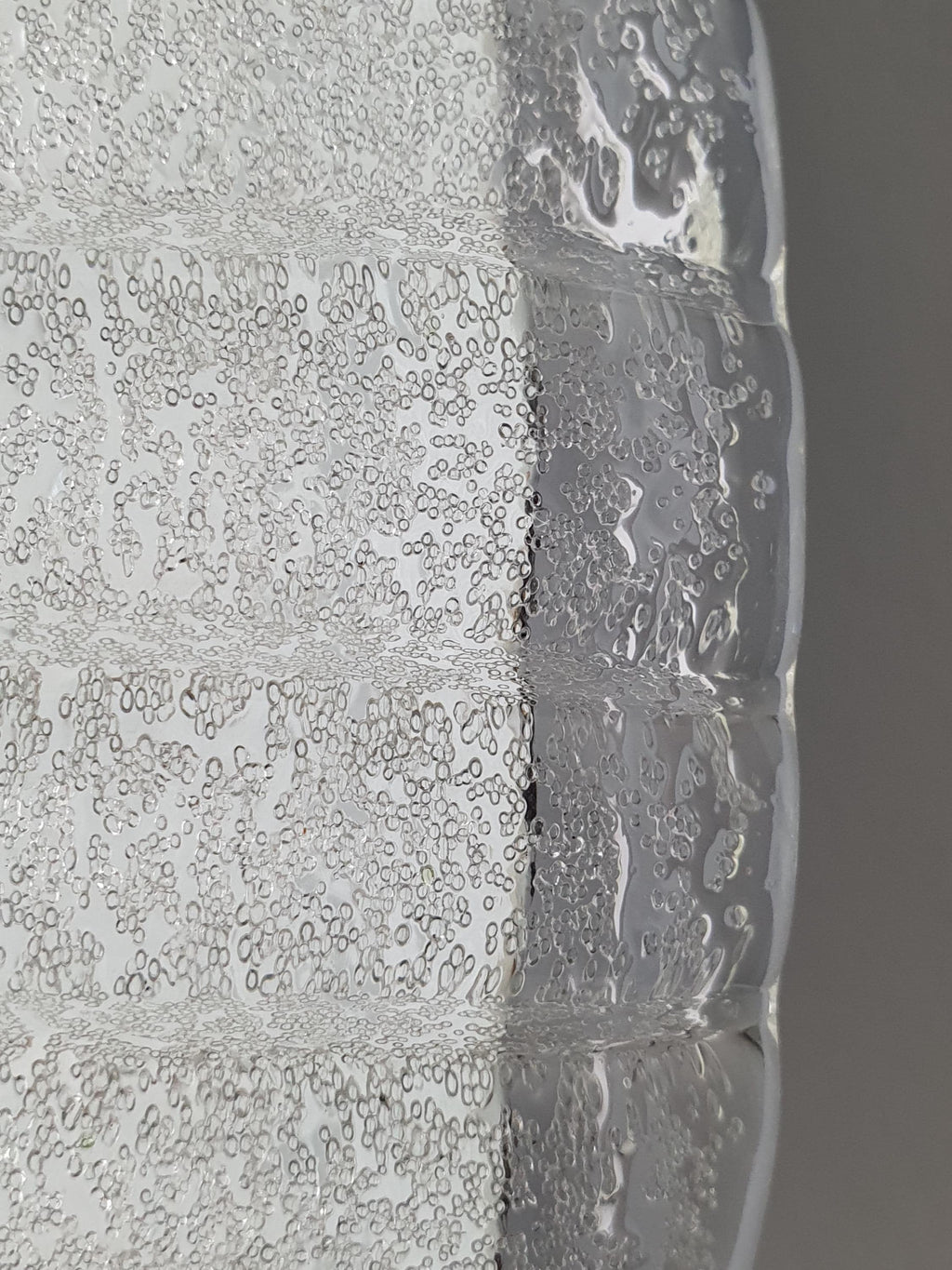 Ghiacciato iced glass reverse texture detail on vintage Murano ribbed shell flush mount, sparkle and depth effect