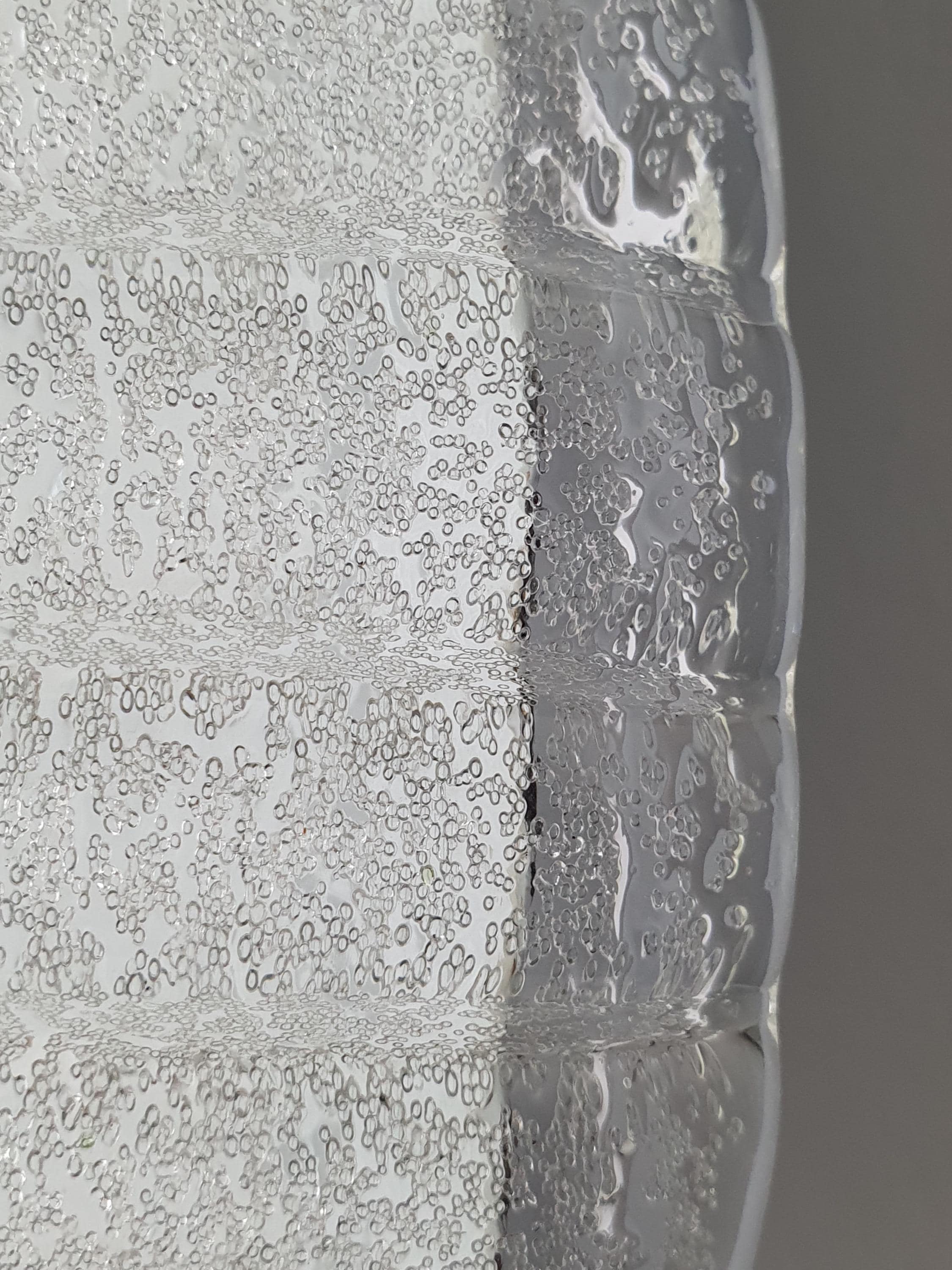 Ghiacciato iced glass reverse texture detail on vintage Murano ribbed shell flush mount, sparkle and depth effect