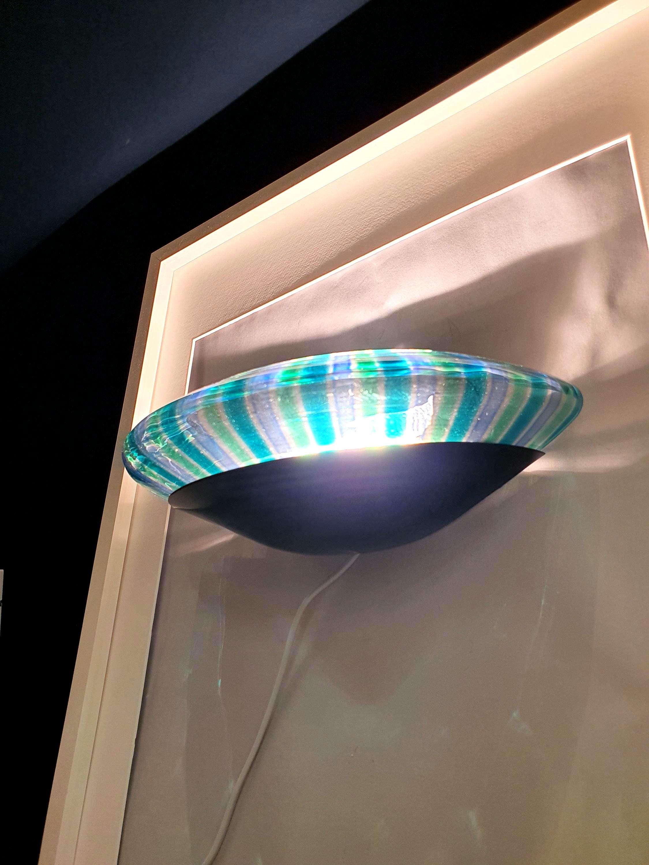 Vintage Murano Glass UFO Wall Sconce: Blue Green Striped Light Fixture