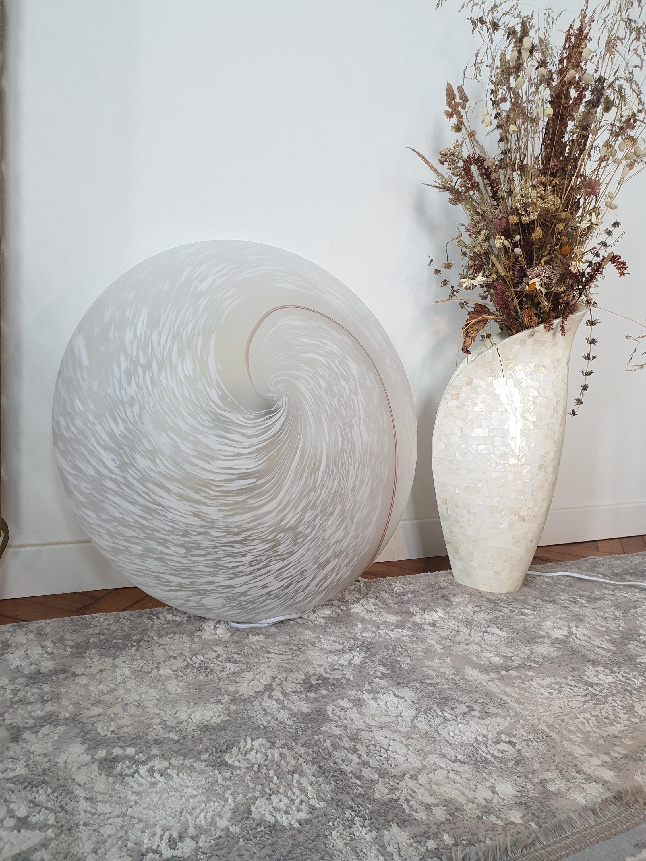 XL Vintage Murano Glass Flush Mount Light: White Brown Swirl, Mid-Century Modern