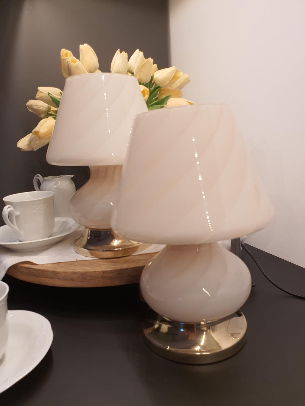 Murano Glass Mushroom Table Lamps: Pink Swirl, Mid-Century Modern