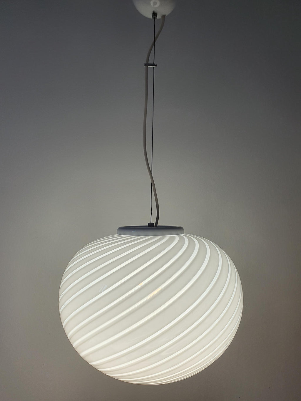 Vintage Murano white swirl globe pendant in entryway, large hand-blown globe, minimalist Italian MCM statement piece