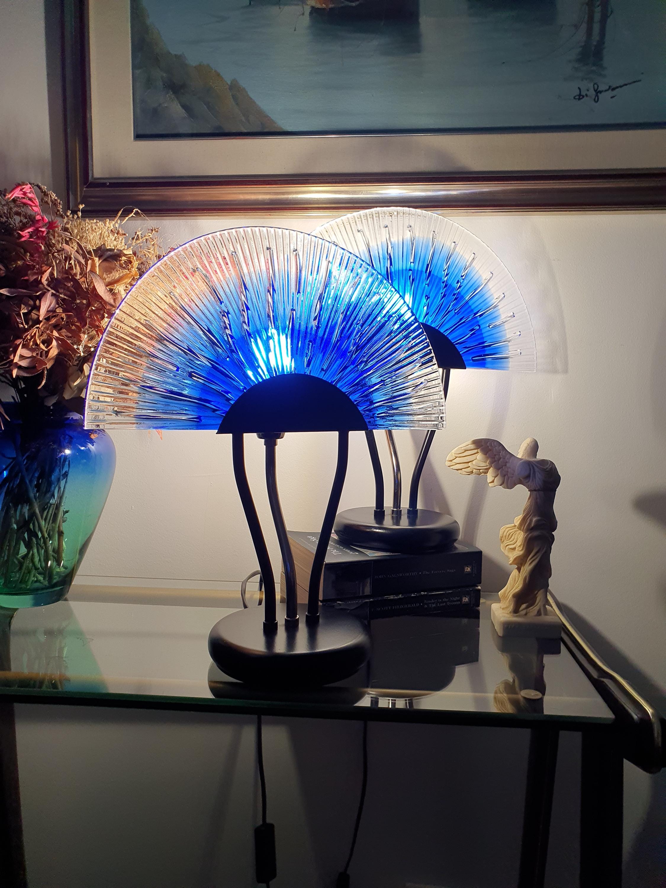 Vintage Murano blue gradient lamp — black and silver base contrast detail