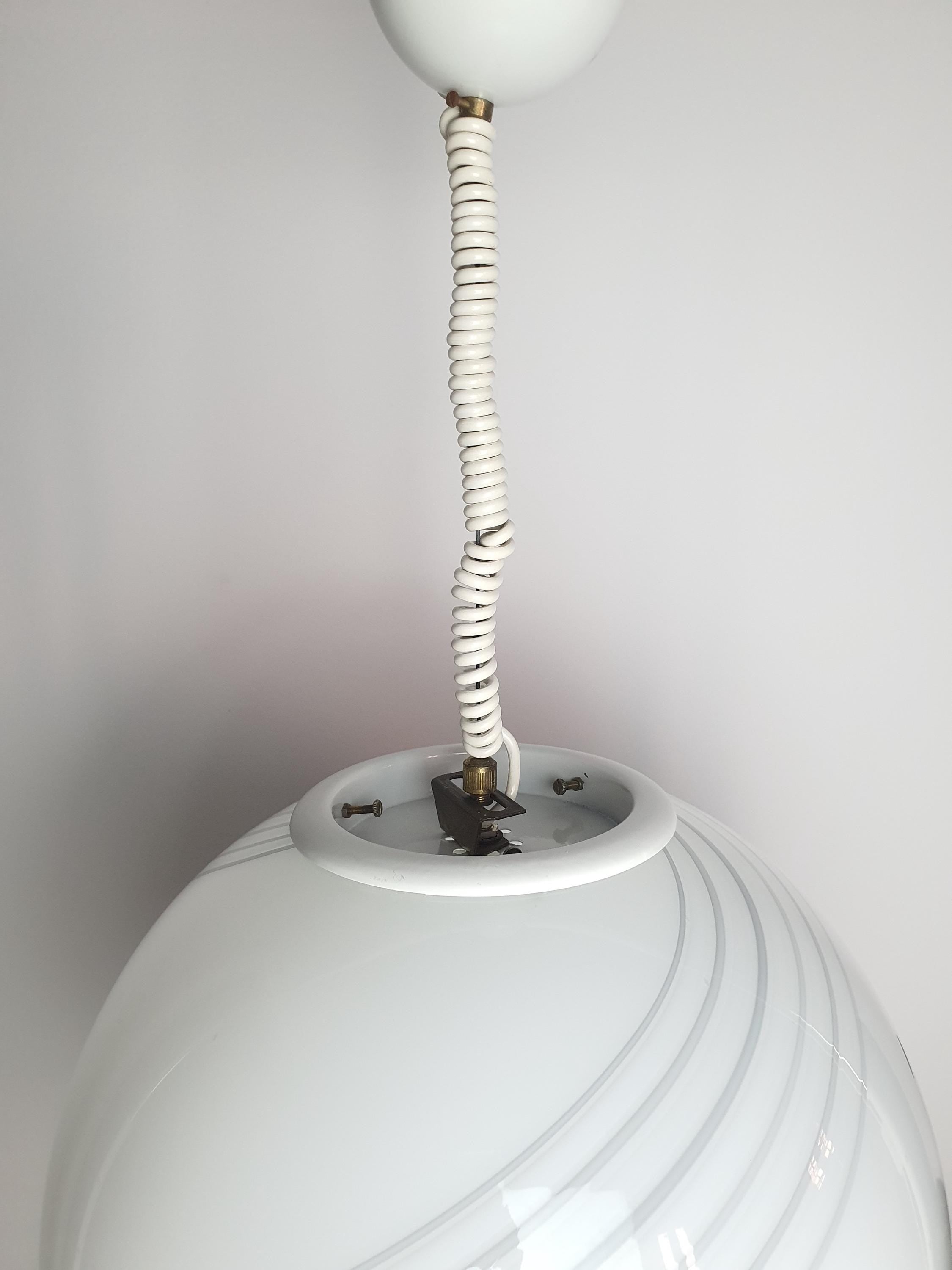 Murano Glass Globe Pendant Light: White Gray Swirl, Retro Scandinavian Decor