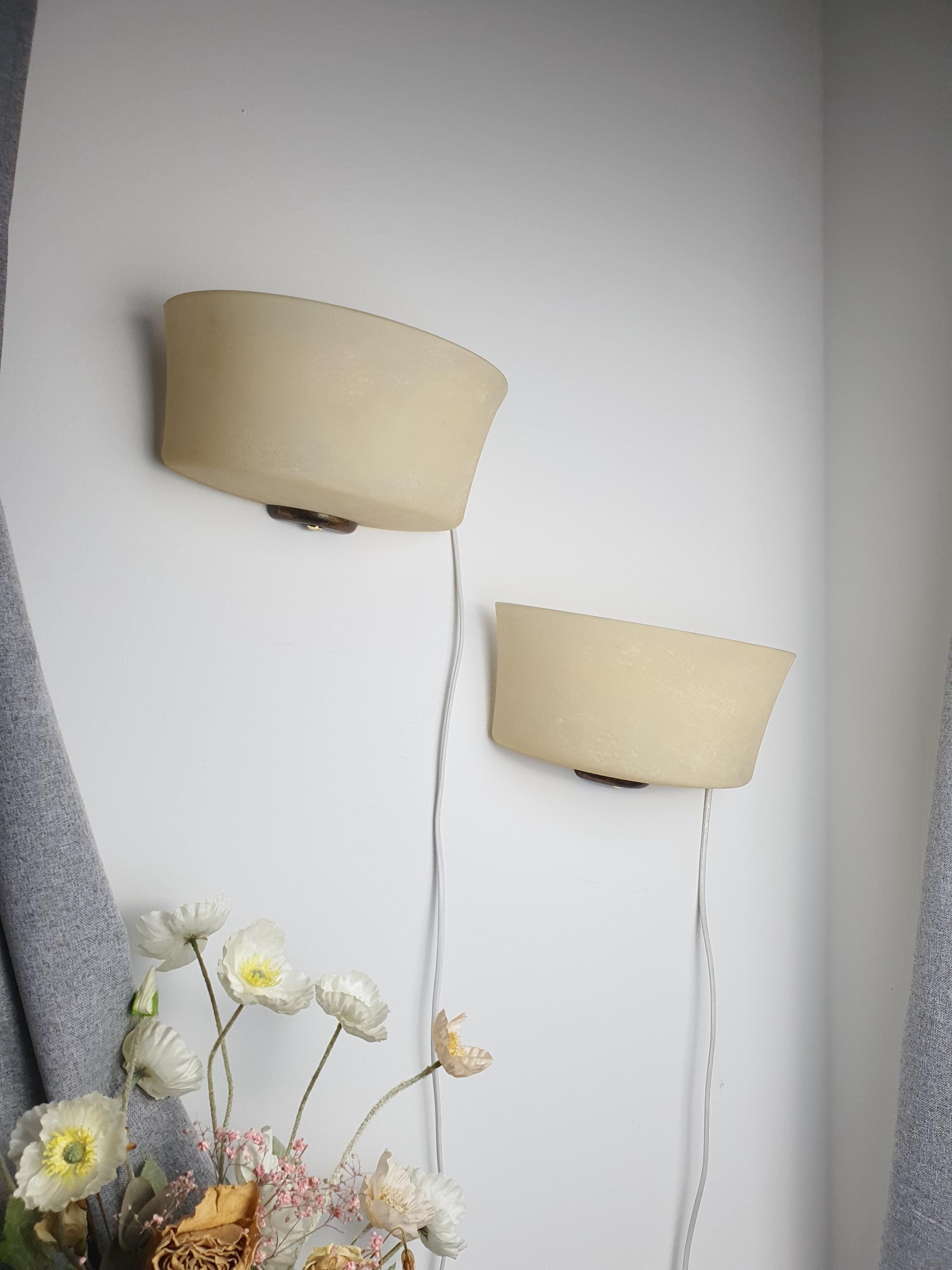 Pair of sand color moonstone Italian vintage Midcentury glass wall sconces