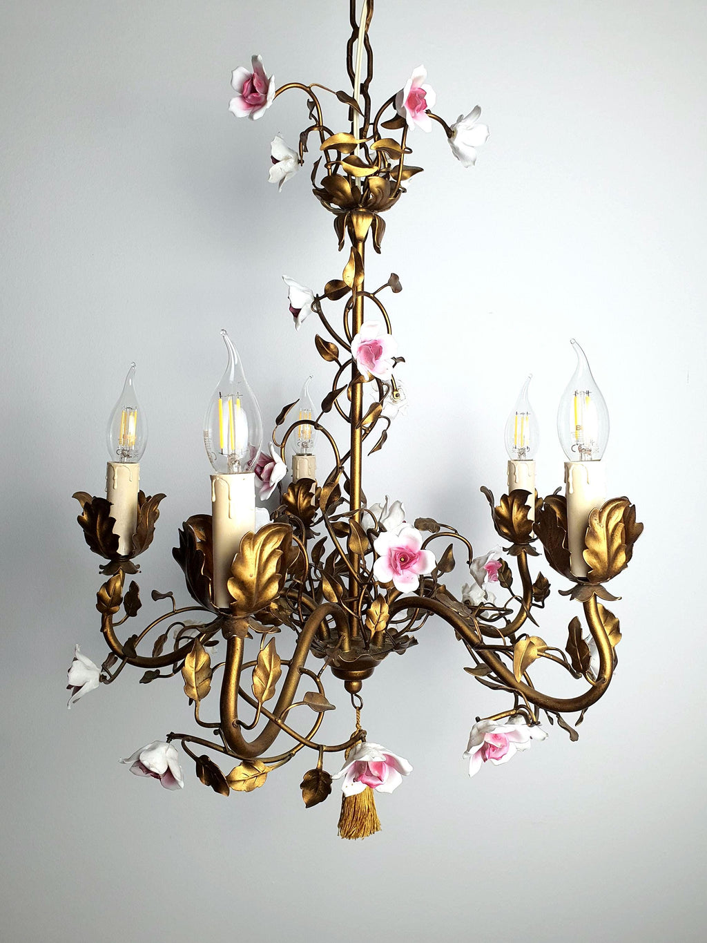 Vintage Vanotti five-arm chandelier with white and pink porcelain roses
