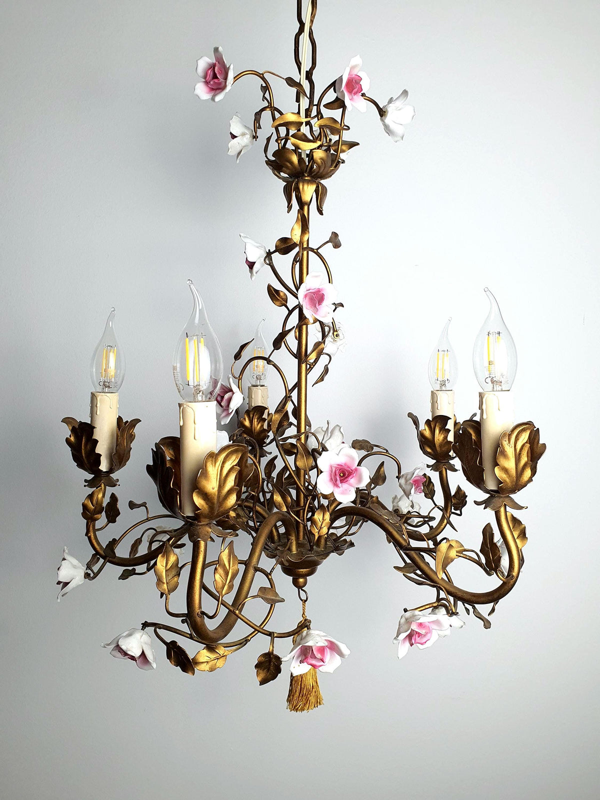 Vintage Vanotti five-arm chandelier with white and pink porcelain roses
