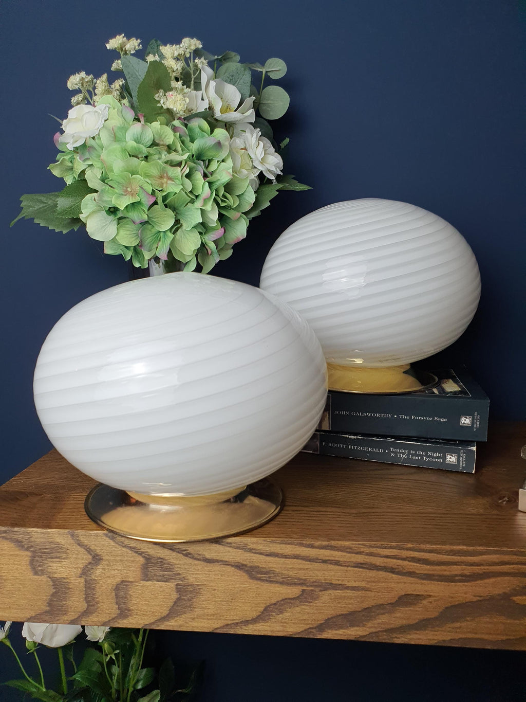 Pair of Vintage Murano Glass Swirl Globe Bedside Lamps Gold Base