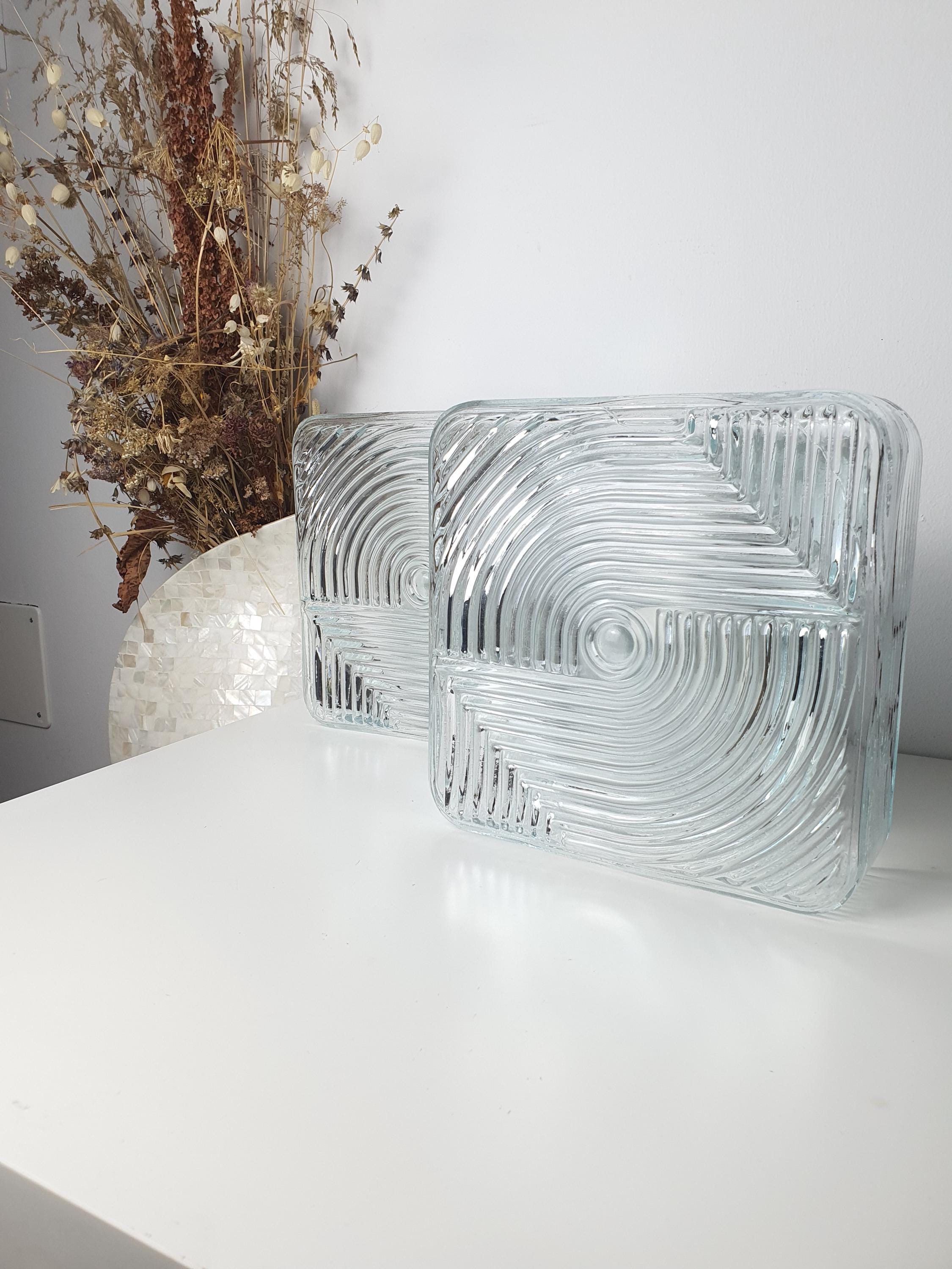 Pair of vintage square Brutalist MCM wall sconces in living room, geometric square form, stamped glass, industrial modernist