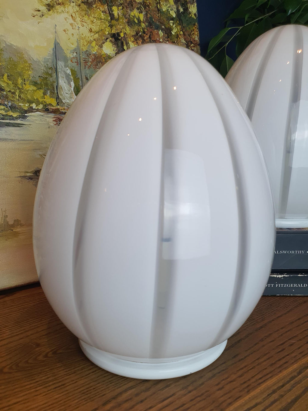 Murano Glass Bedside Lamps: Striped Egg Shape, Mid-Century Modern