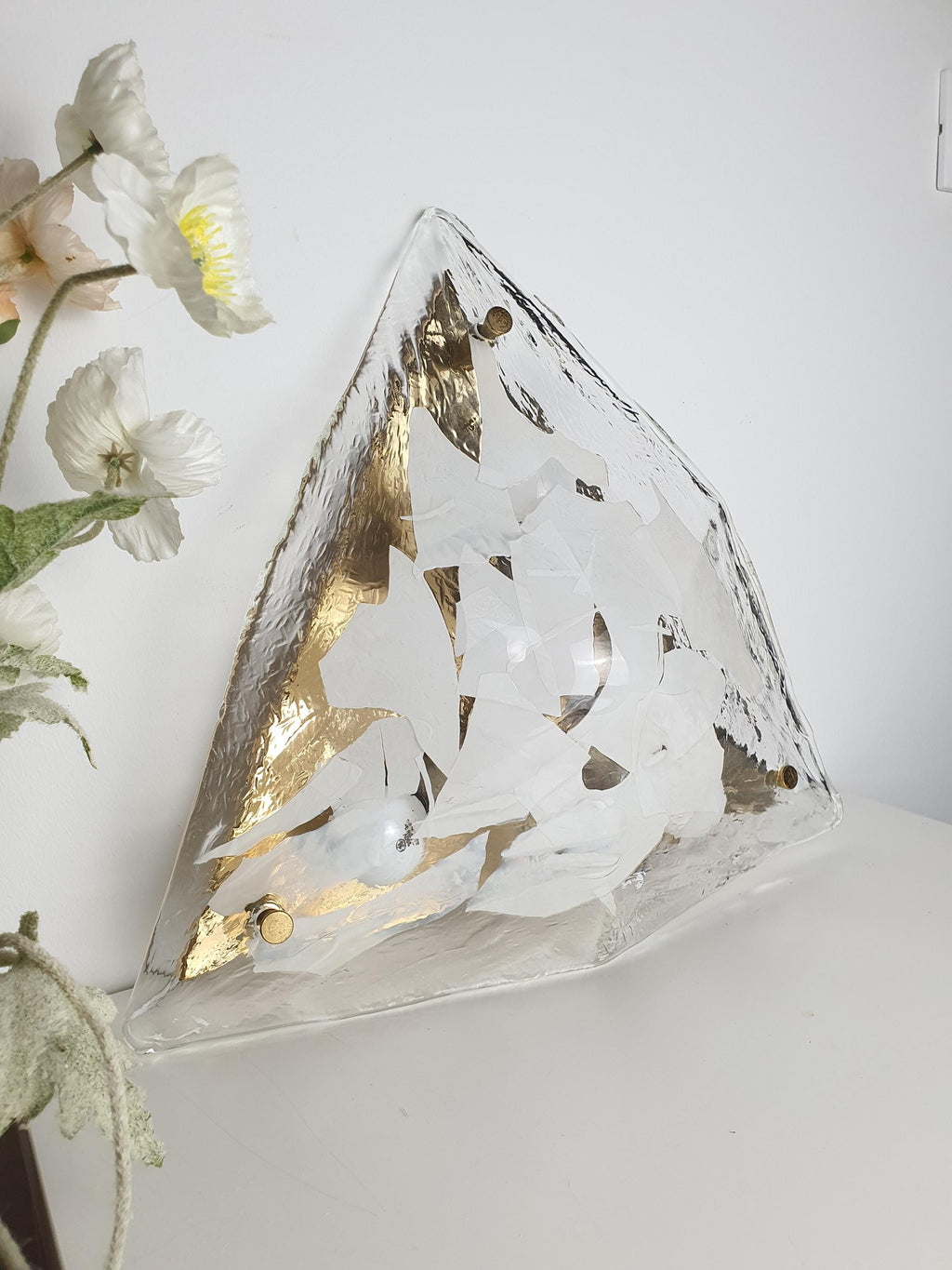 Small La Murrina Murano Glass Flush Mount Light: White, Clear, Golden Base