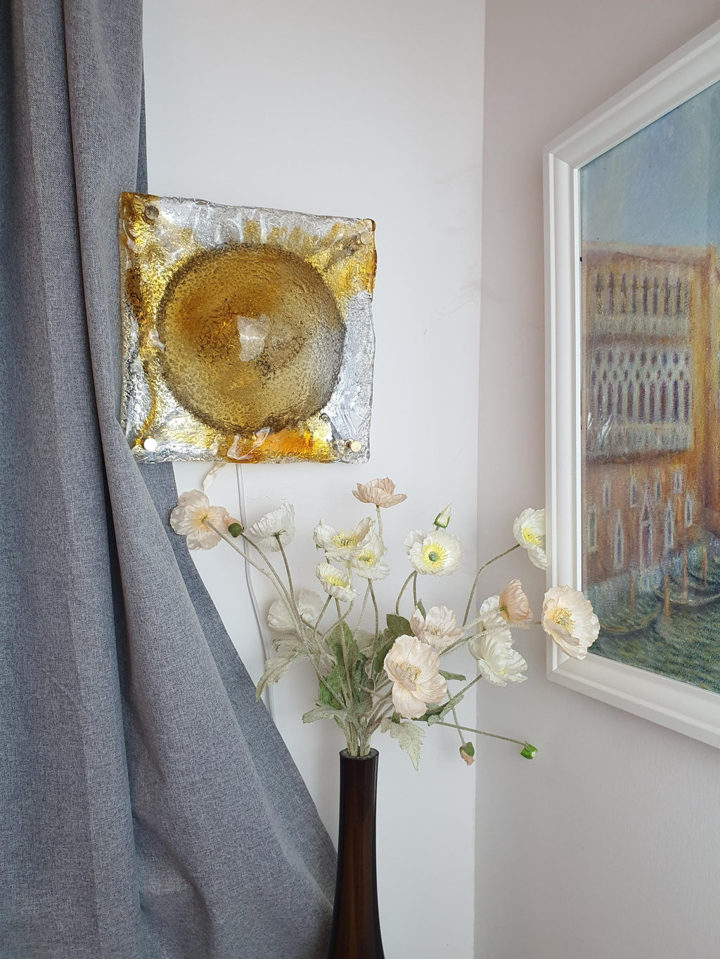 Mazzega Vintage Murano Glass Square Frosted Wall or Ceiling Light Caramel Drop