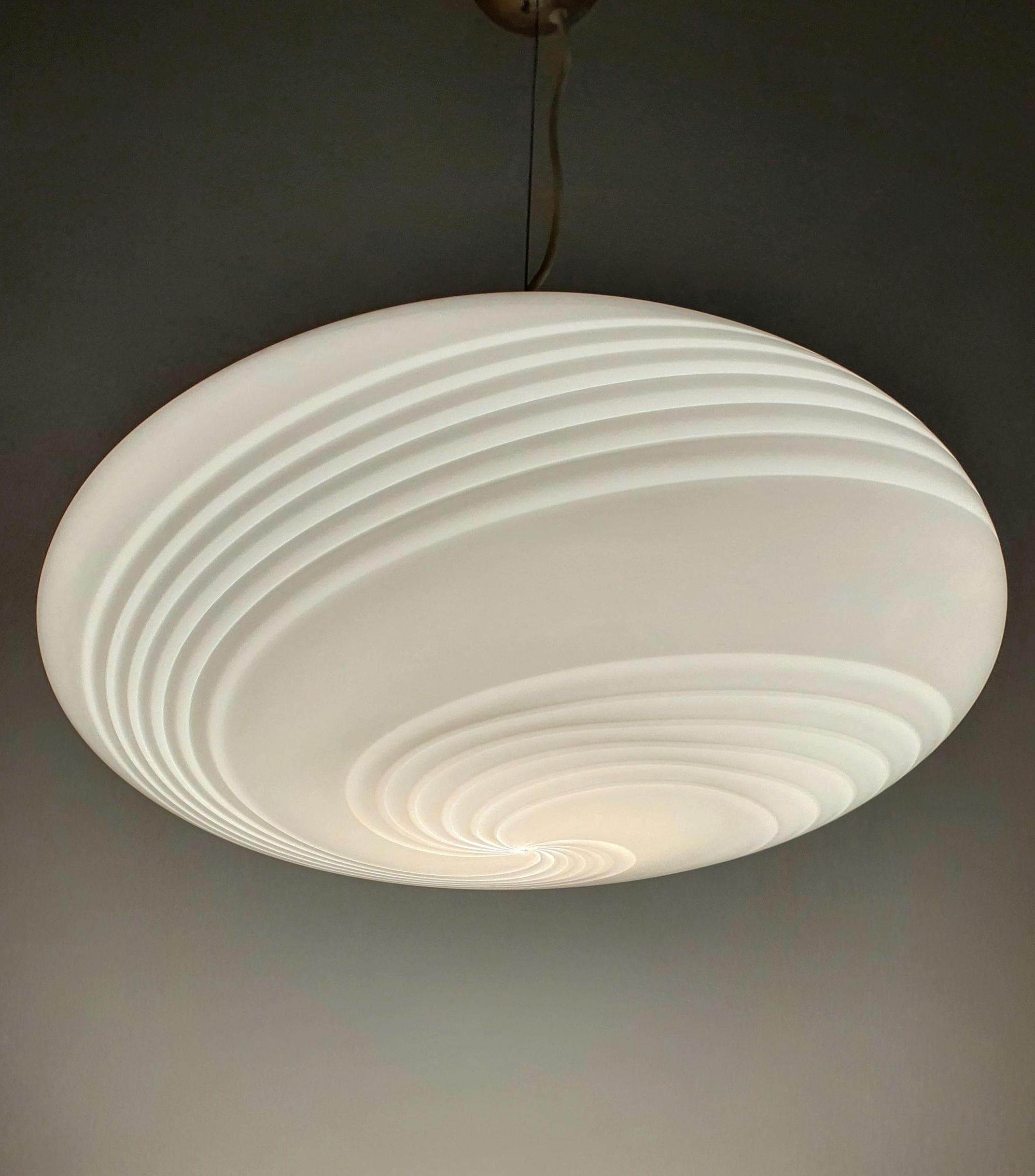 Vintage Murano glass white swirl oblate globe pendant, large 40cm wide flattened globe with white swirl decoration, aged metal base