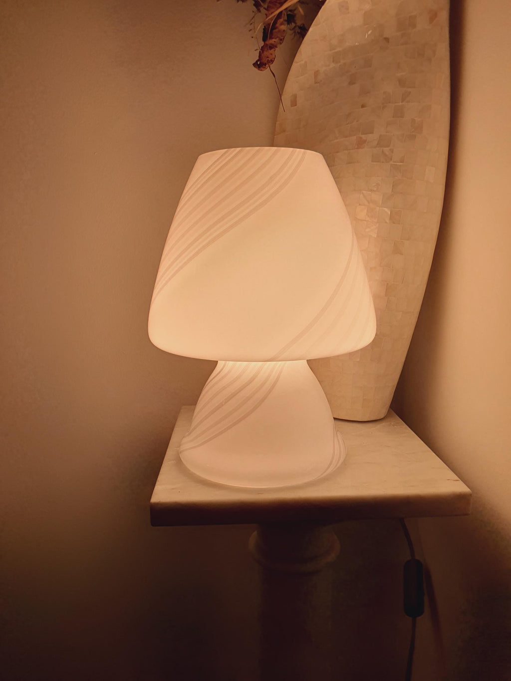 Murano Glass Mushroom Lamp: White & Grey Swirl, MCM Bedside Light
