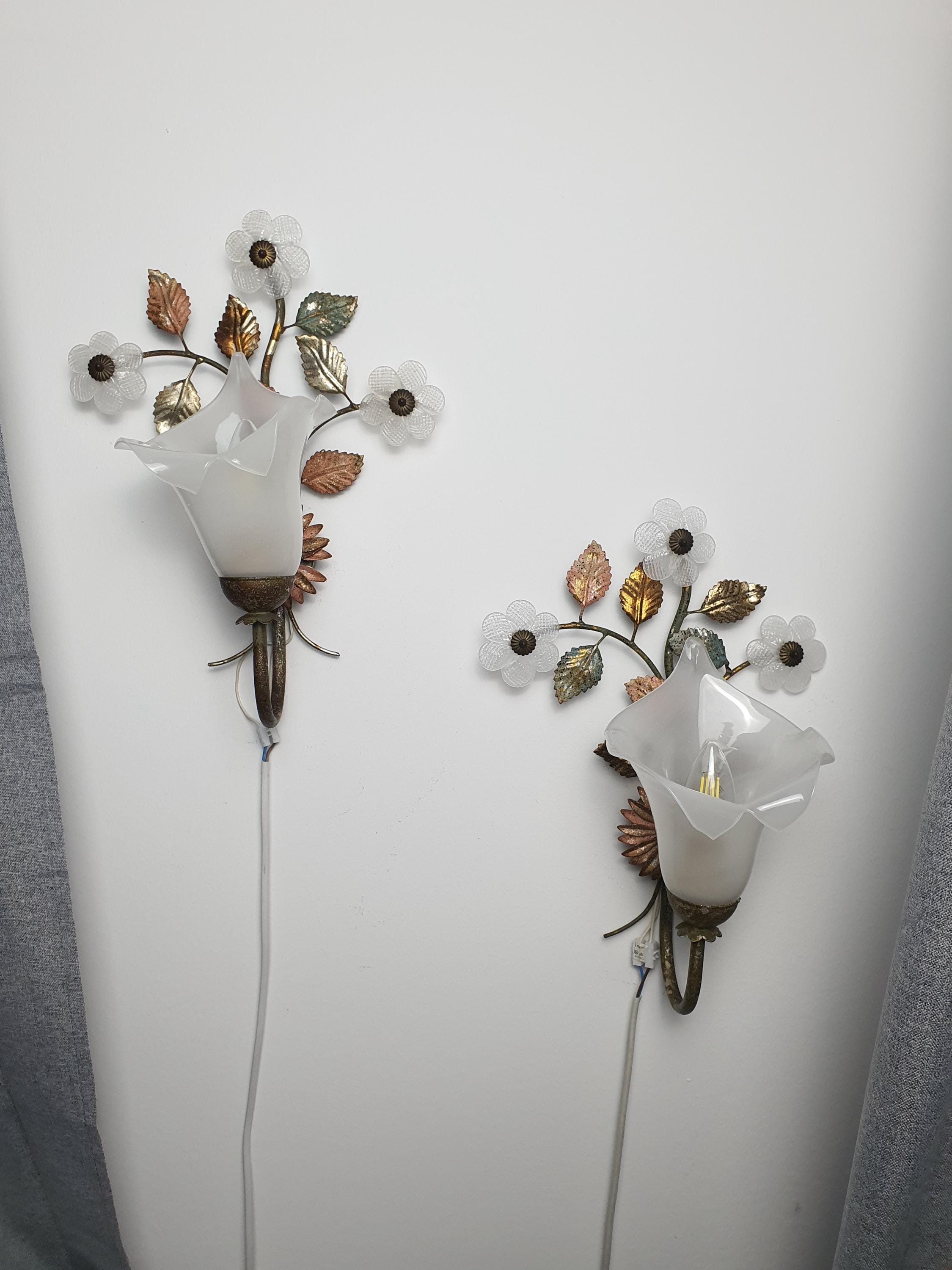 Pair of vintage Italian toleware Murano glass floral sconces in hallway, romantic botanical wall sculpture, gold bronze green