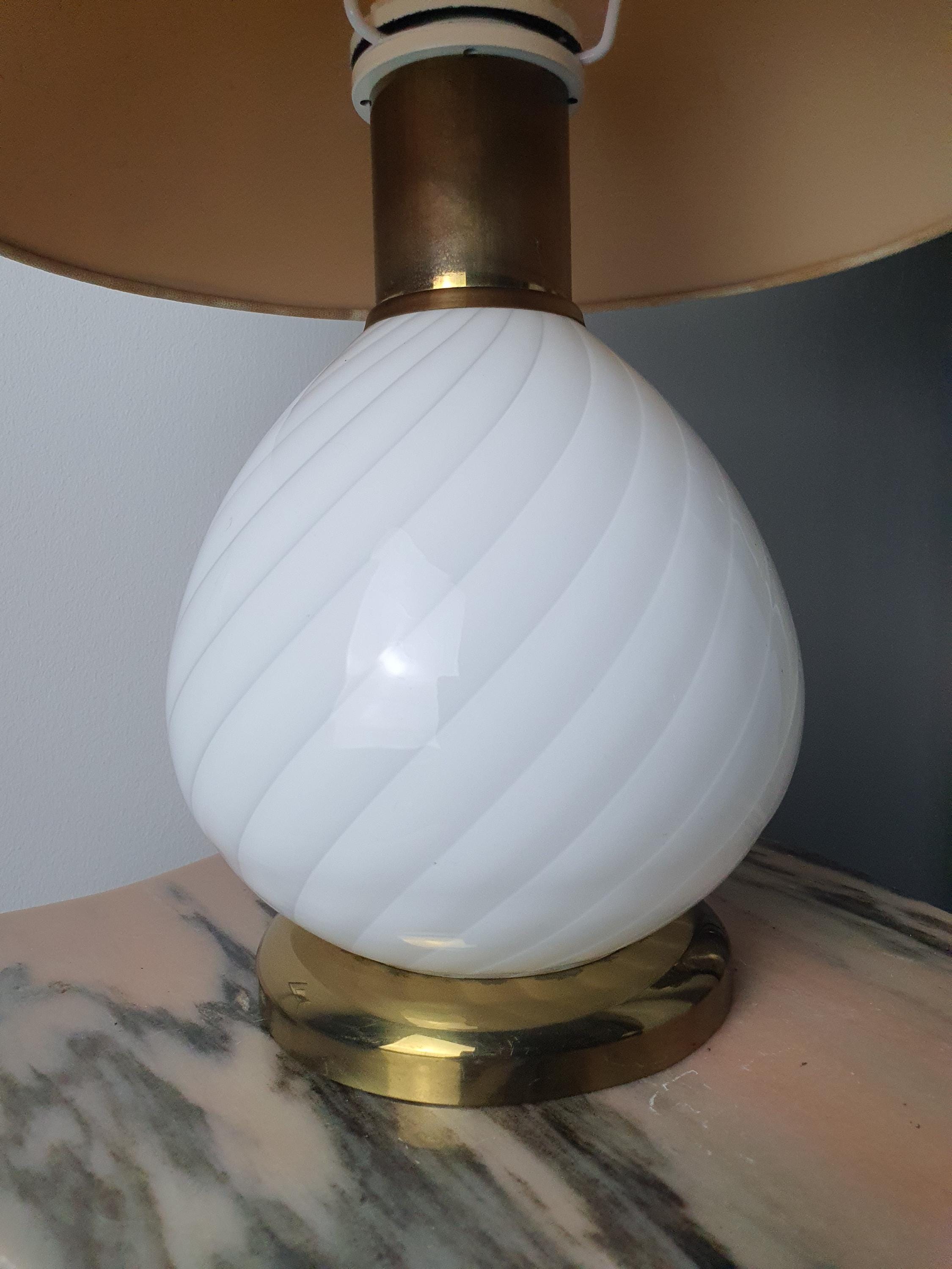Vintage Murano white candy swirl glass base without shade, showing flowing white swirl handcrafted Murano glass detail