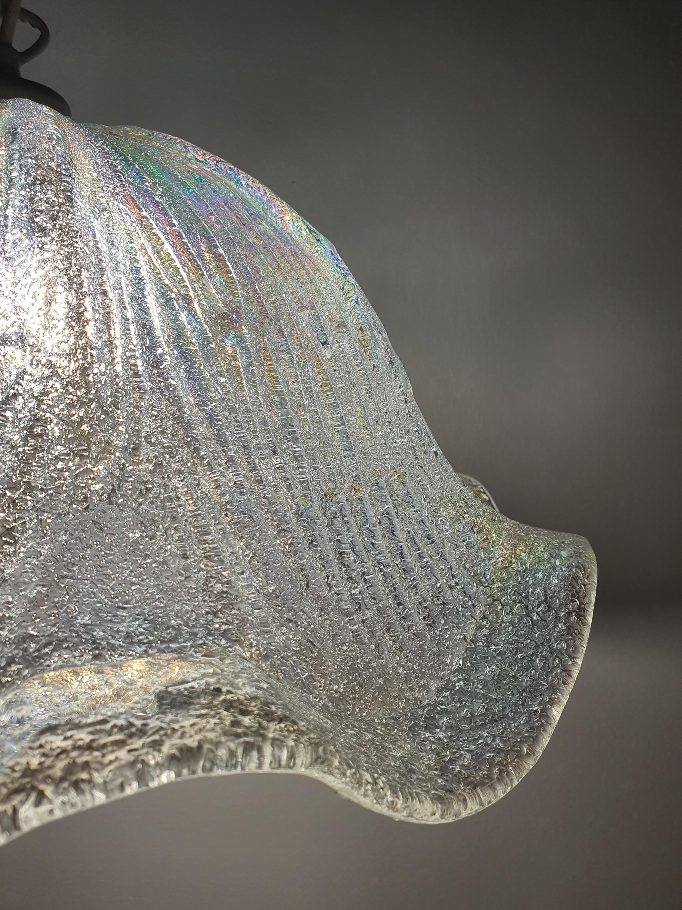 Ice-glass textured underside of vintage Murano glass Fazzoletto tulip pendant, soft diffused light, 1970s–1980s