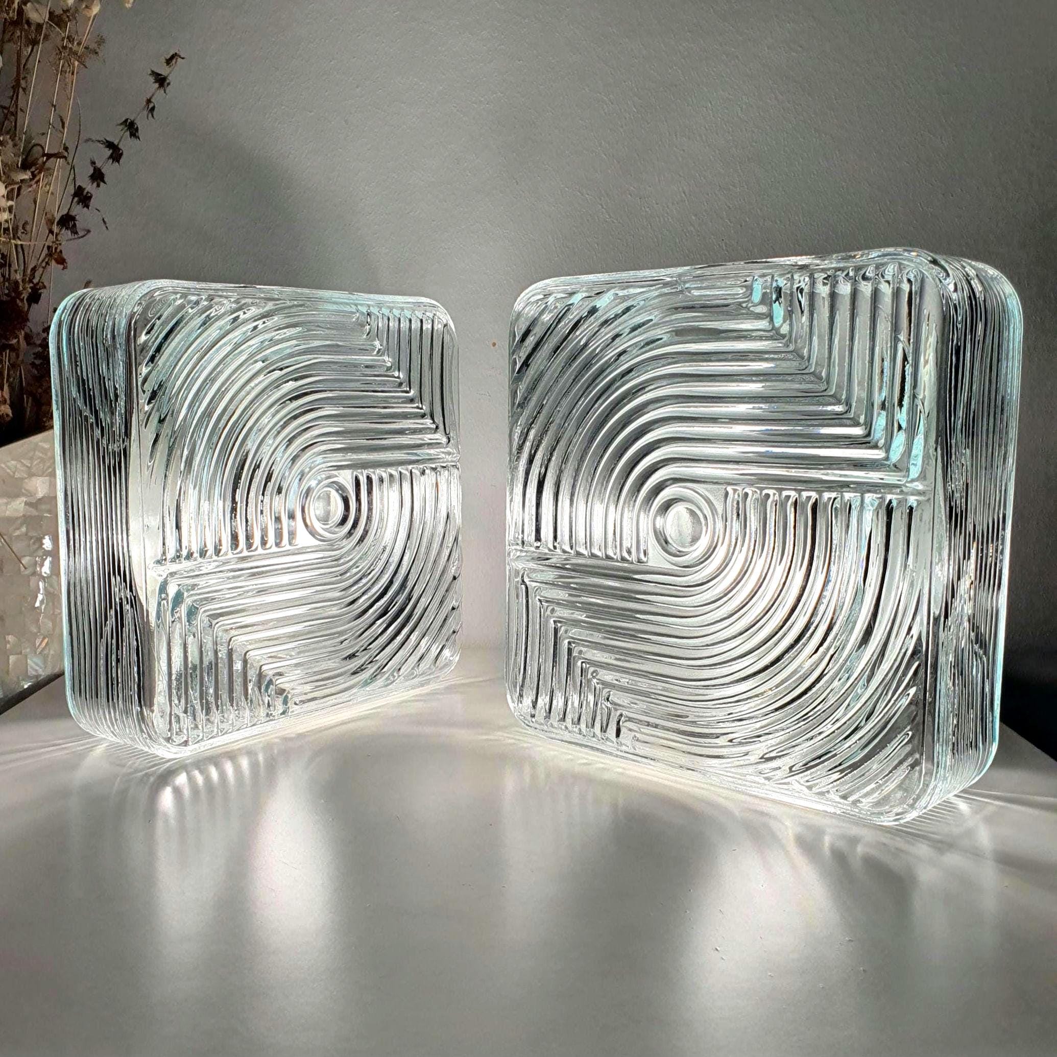 Pair of vintage square Brutalist MCM wall sconces, textured stamped clear glass, mixed metal bases, Italy 1960s–1980s
