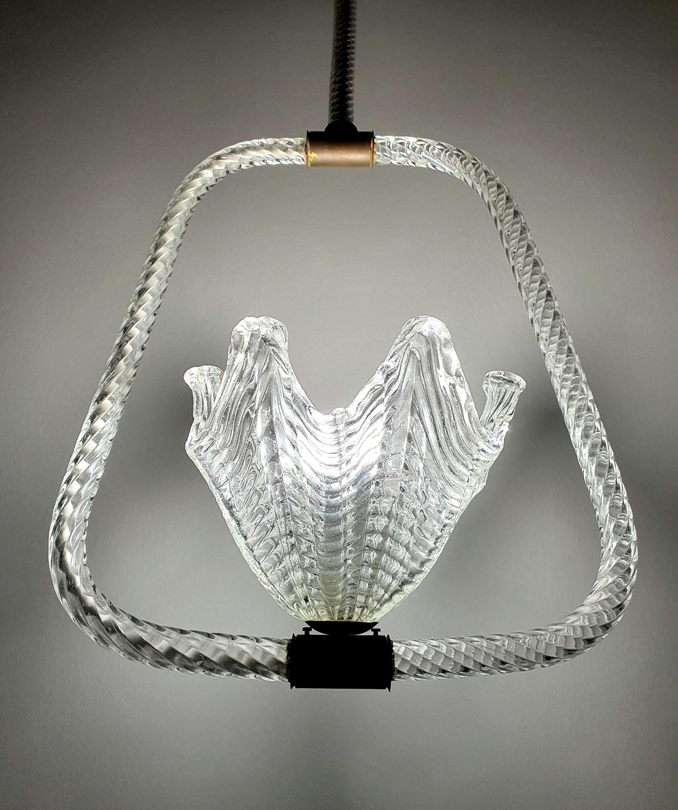 Vintage Murano floral pendant light attributed to Barovier & Toso, clear textured glass with elegant sculptural form
