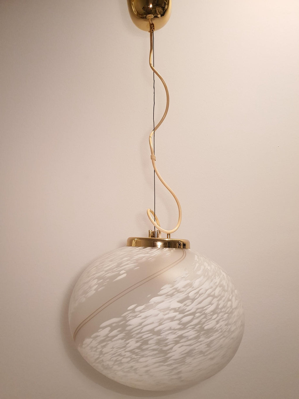 Murano Glass Pendant Light: White Swirl Globe, Mid-Century Scandinavian Lamp