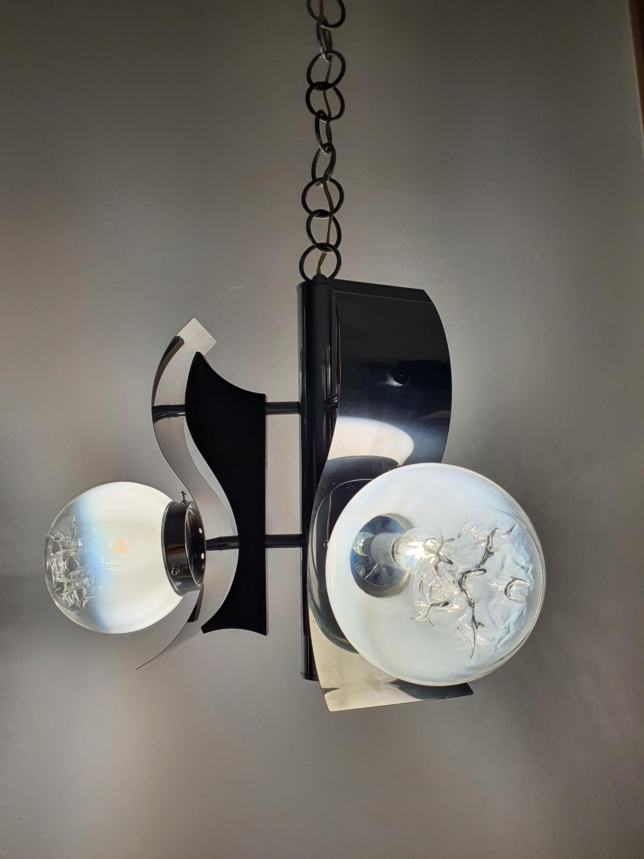 Vintage Murano 3-globe chandelier unlit, showing white-to-clear glass gradient and drop relief texture