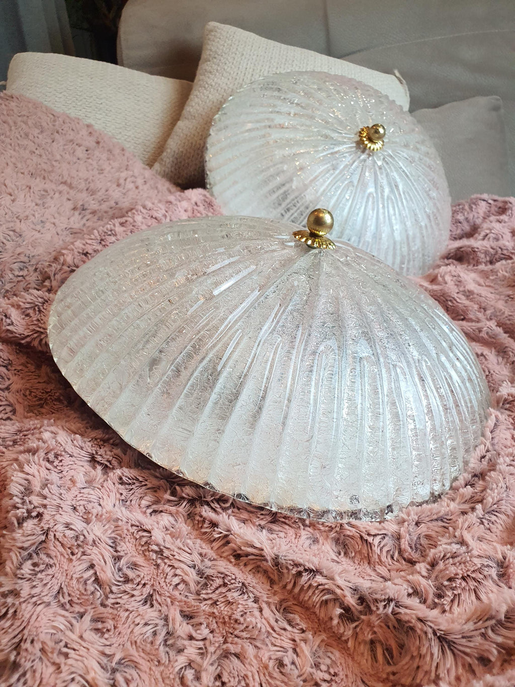 Pair of Vintage Floral Frosted Glass Flush Mount Lights - Midcentury Venetian Design