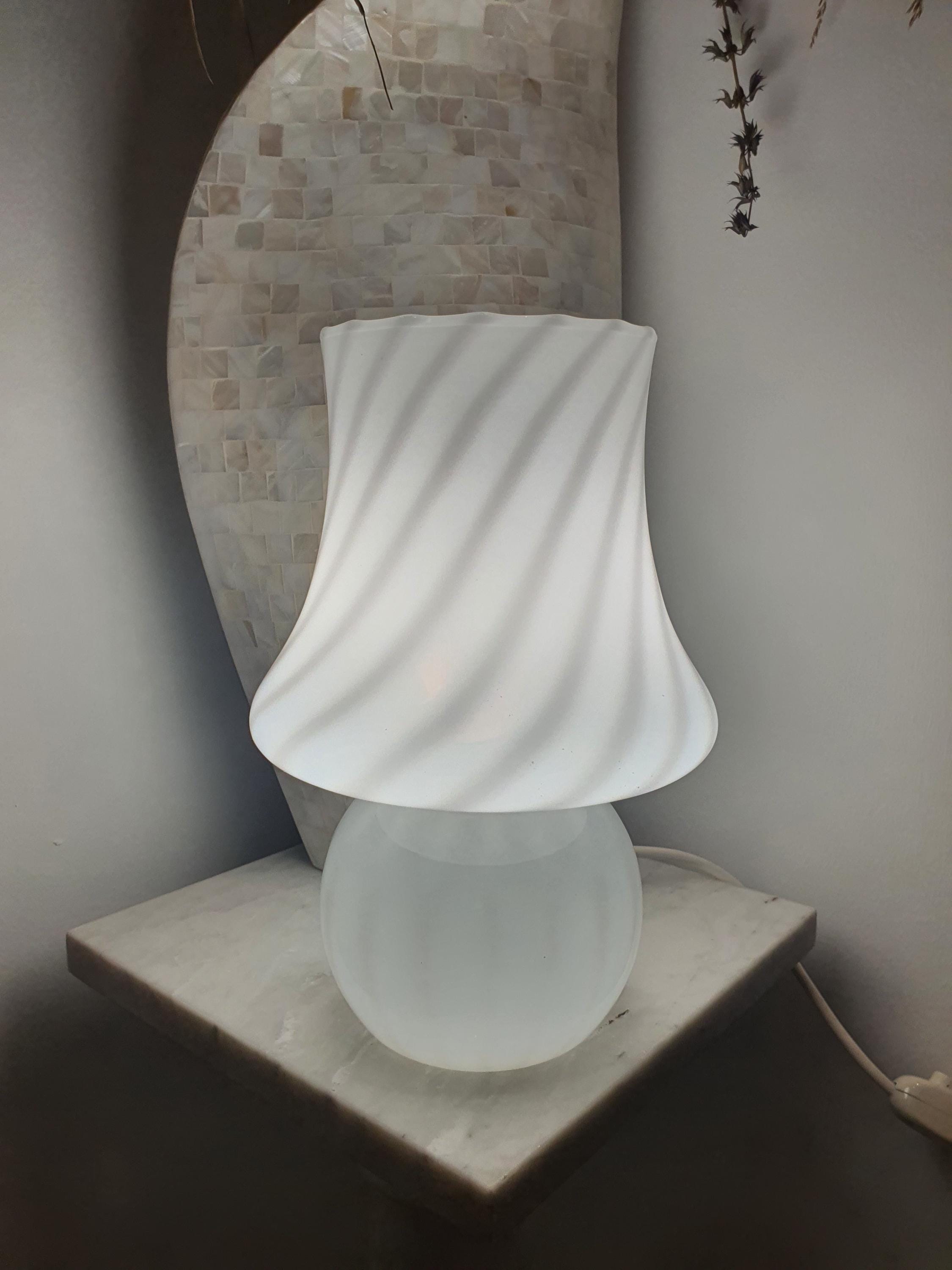 Vintage Murano Glass Mushroom Lamp: White Swirl Scandinavian Bedside Light