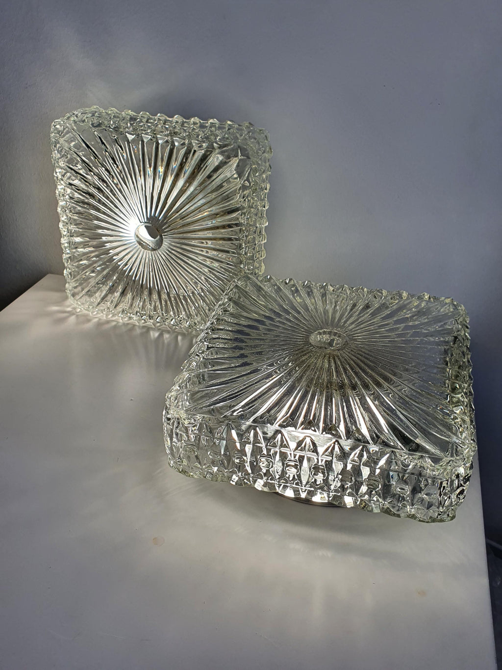 Pair of Brutalist Square Glass Wall Sconces or Ceiling Lights | Art Deco Light Fixtures | Mid-Century Modern Textured Glass Lamps