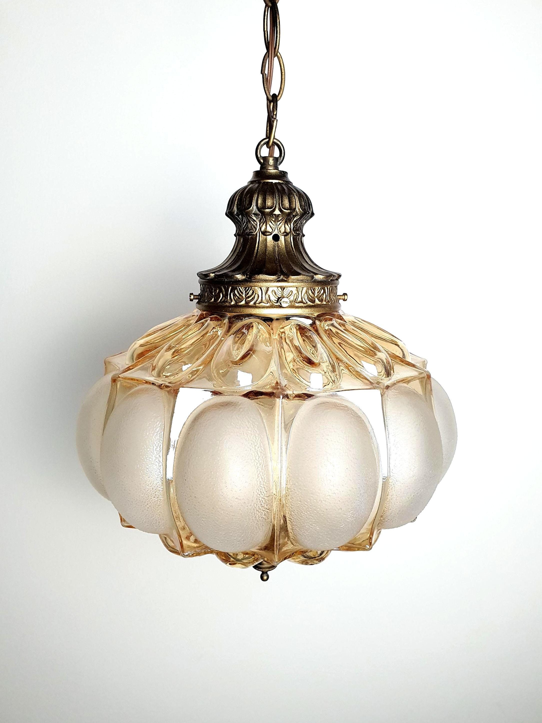 Art Deco vintage pendant light, stamped beige glass with pearl finish, bronze metal fixture