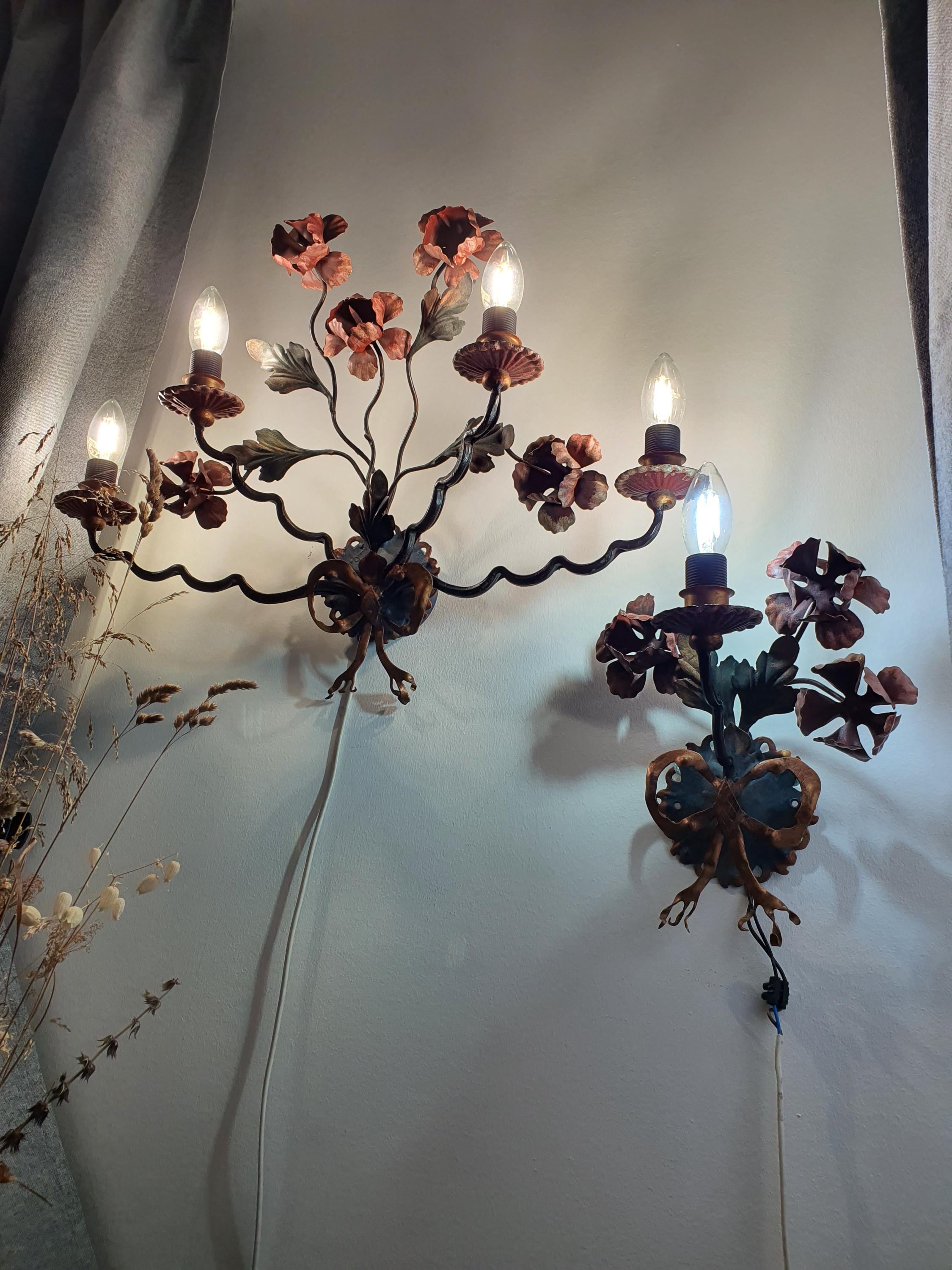 Pair of Italian toleware floral bow sconces / set of vintage gilt tole wall lights