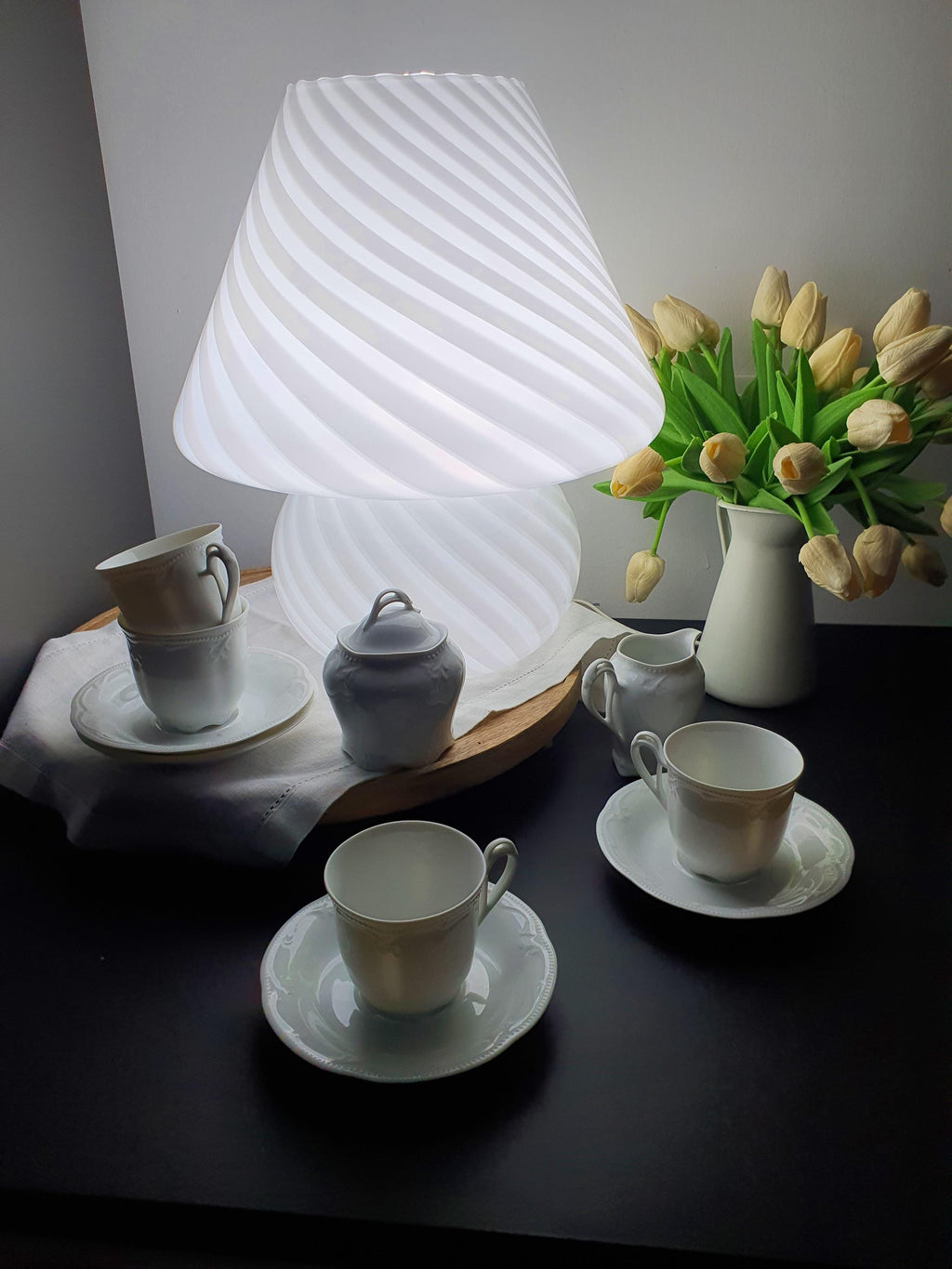 Murano Glass Mushroom Table Lamp: 1970s Swirl White Bedside Light