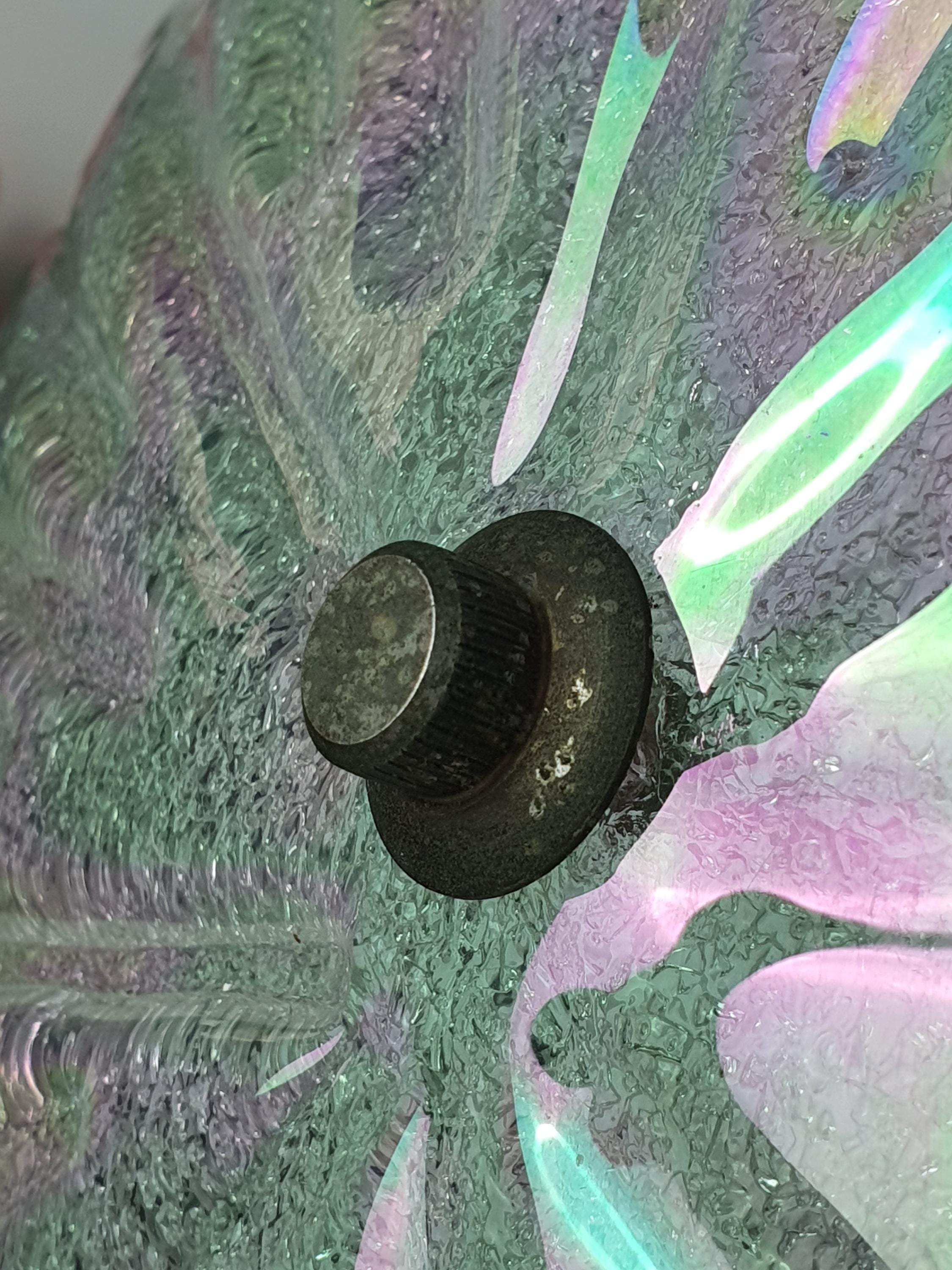 Vintage Murano glass ceiling light — pink and petrol iridescent tones, angle view