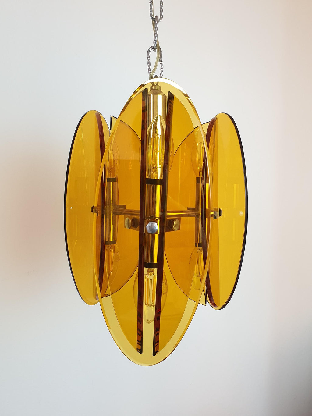 Veca Italian Chandelier 1970s Orange Glass Space Age Pendant Chrome Base