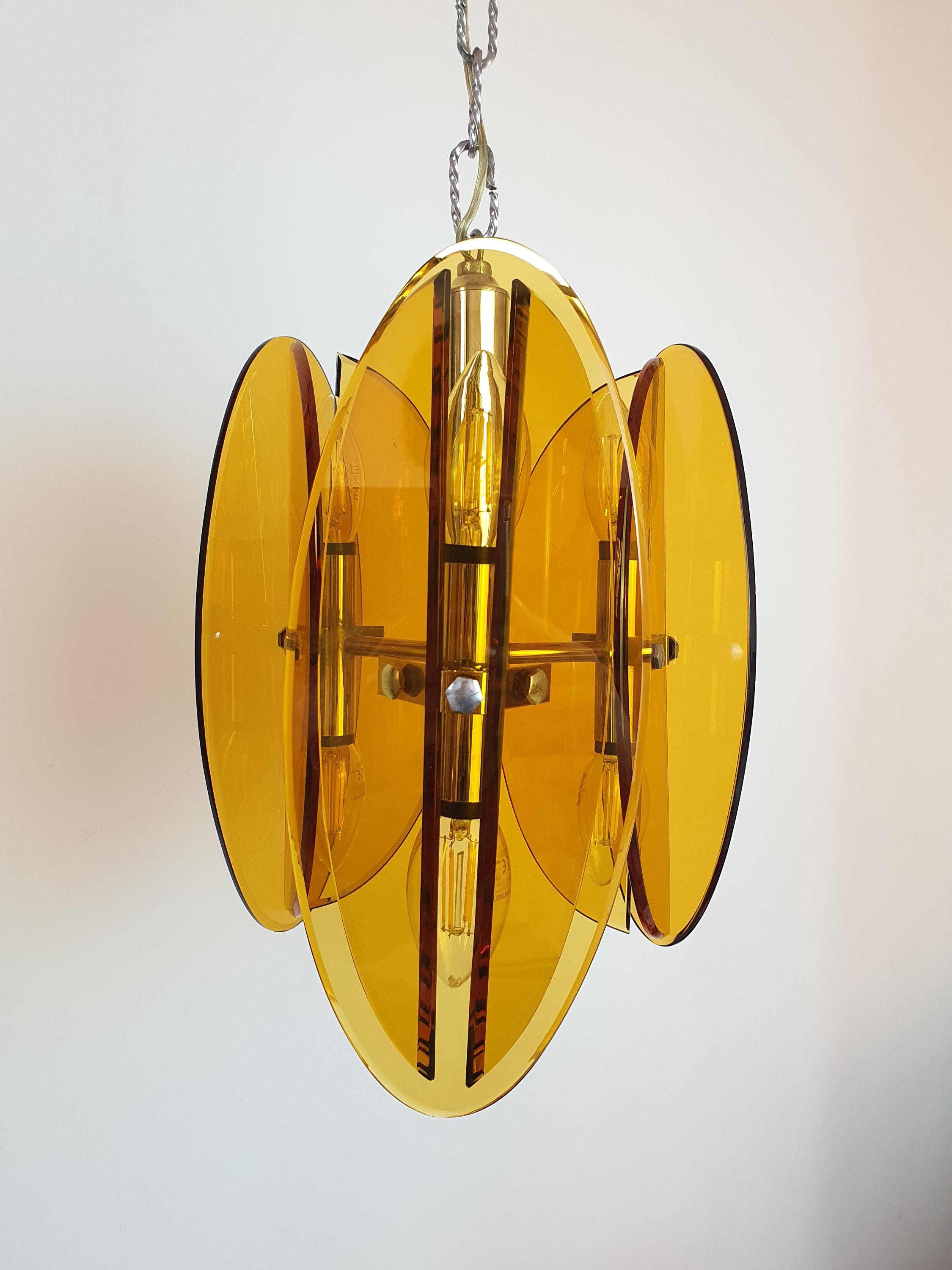 Veca Italian Chandelier 1970s Orange Glass Space Age Pendant Chrome Base