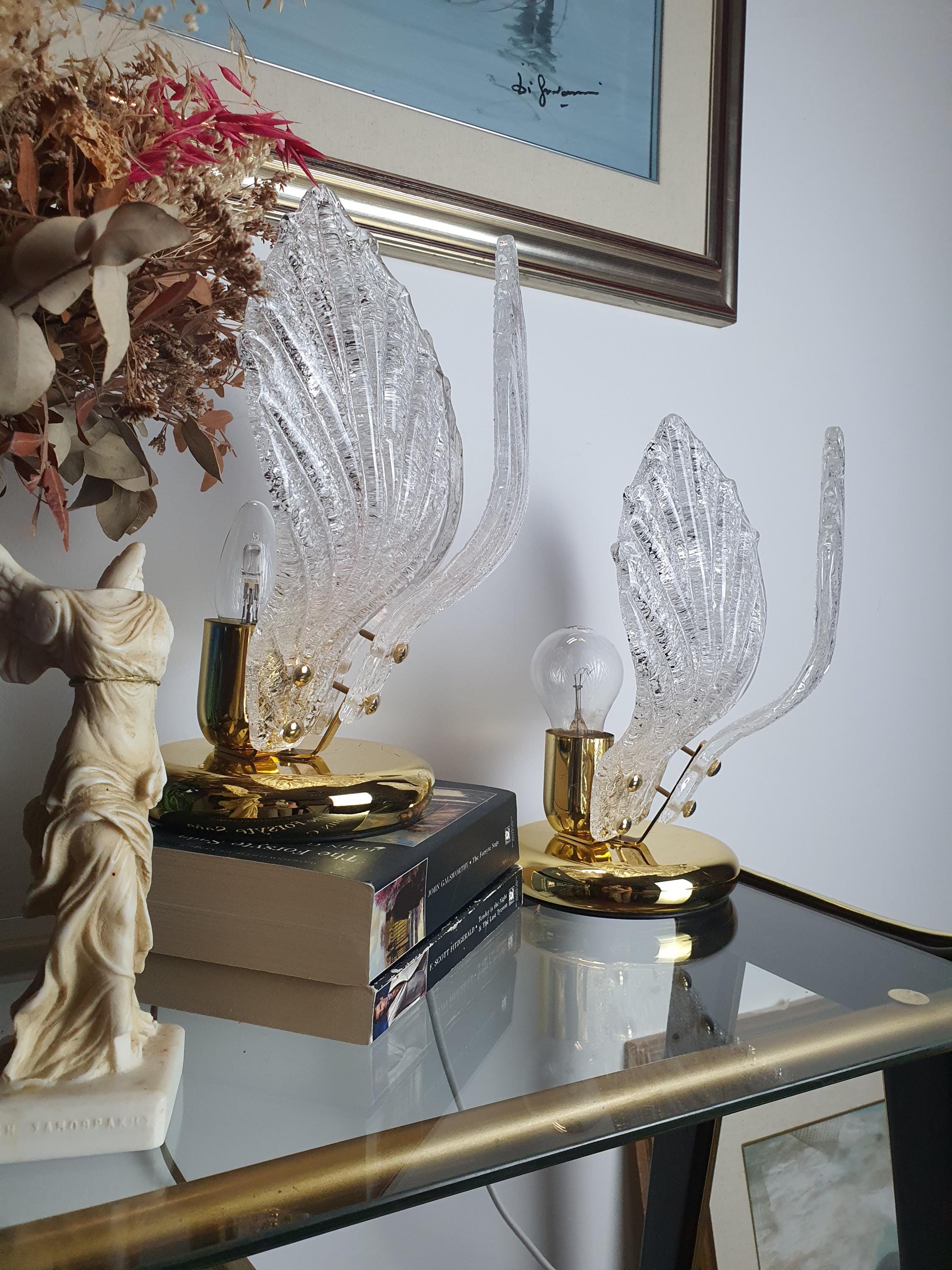 Murano Glass Petal Table Lamps: Midcentury Hollywood Regency Lighting