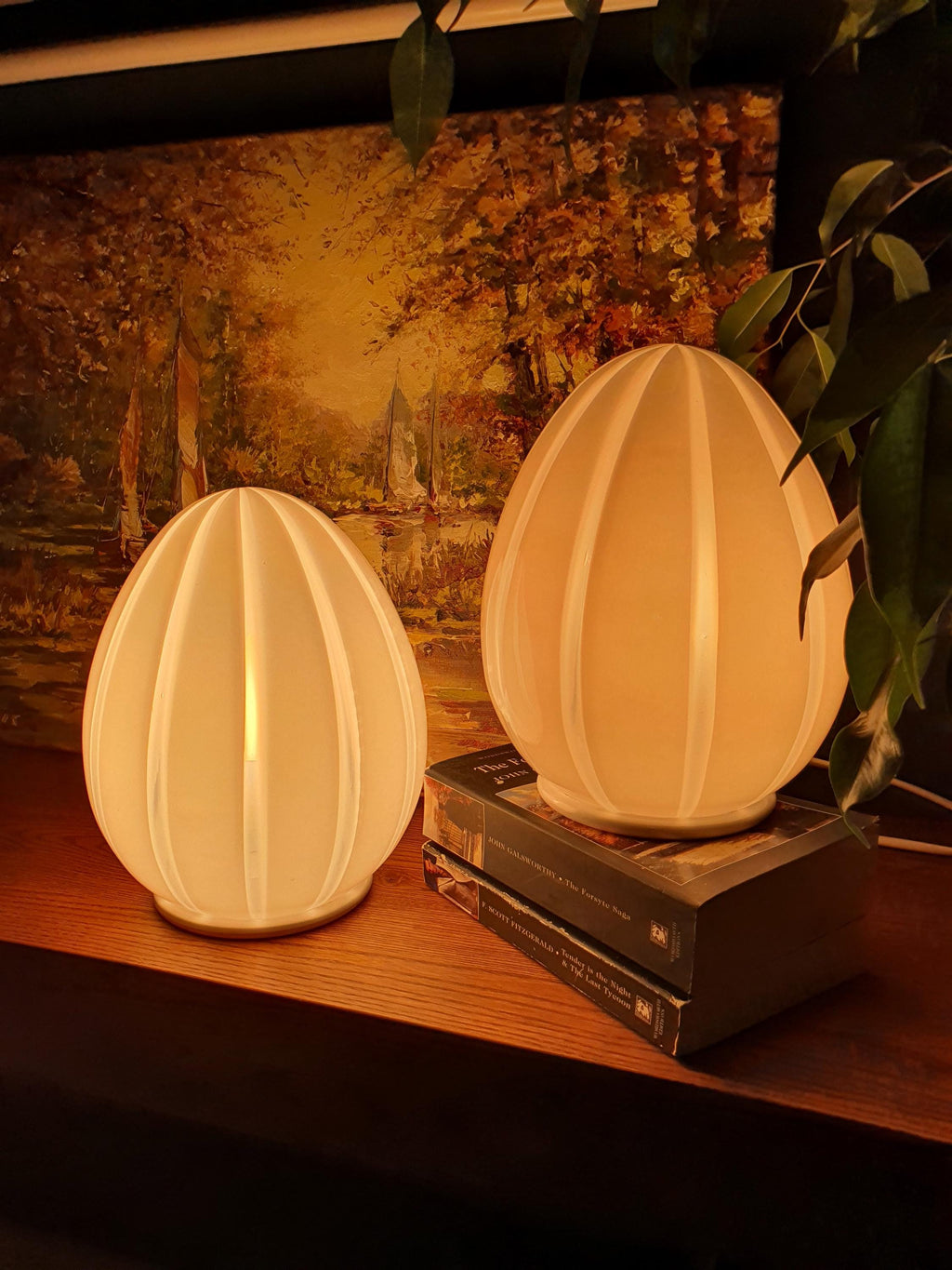 Murano Glass Bedside Lamps: Striped Egg Shape, Mid-Century Modern