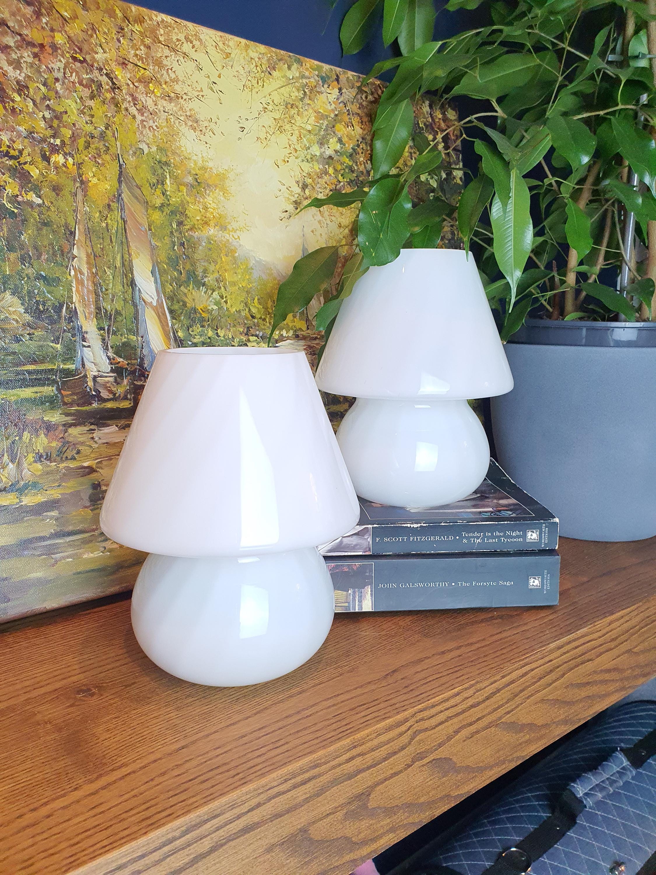 Vintage Murano Glass Mushroom Lamps: White Swirl Bedside Lighting
