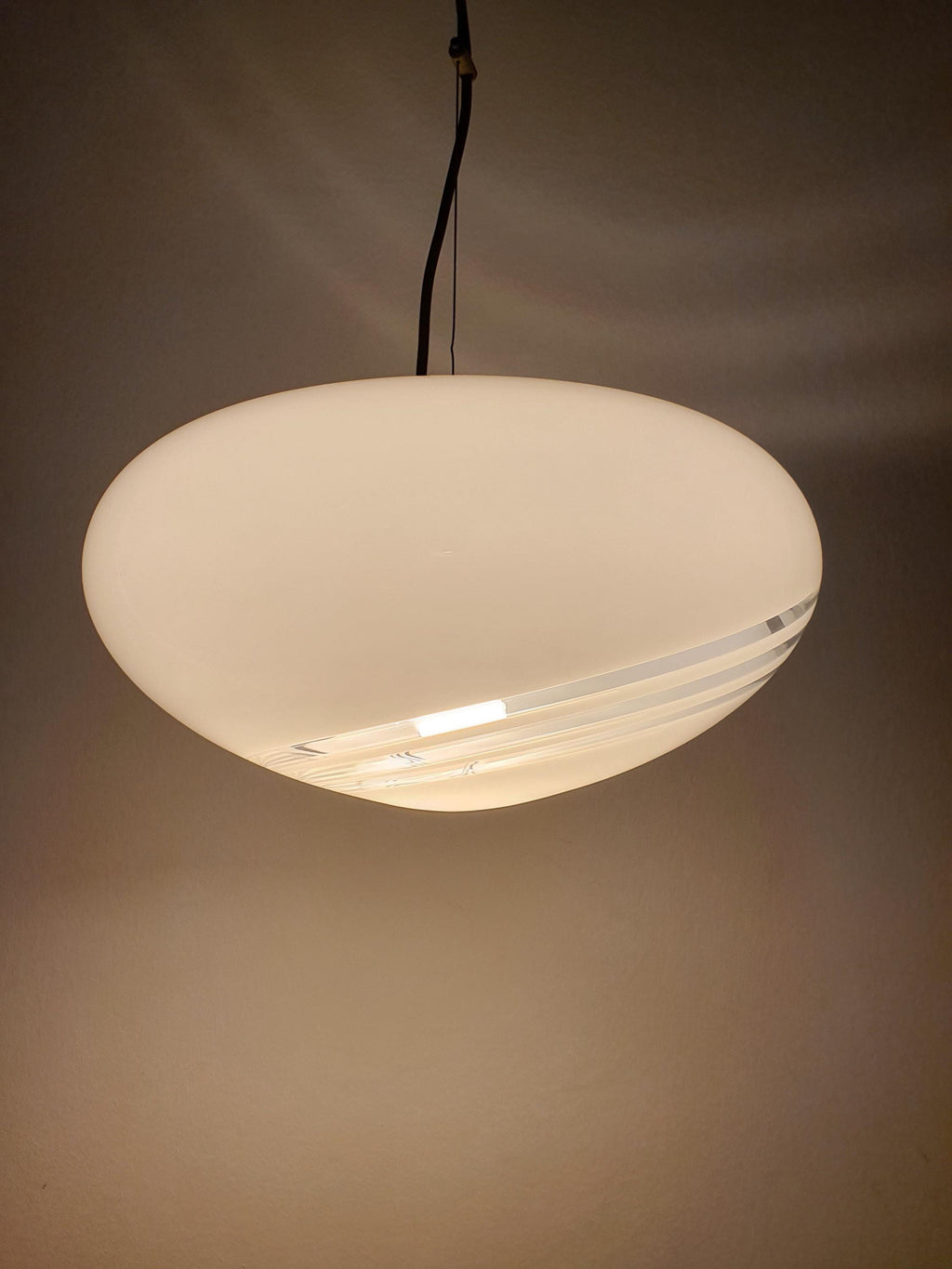Murano Glass Pendant Light: White Swirl Globe, Italian MCM Lighting