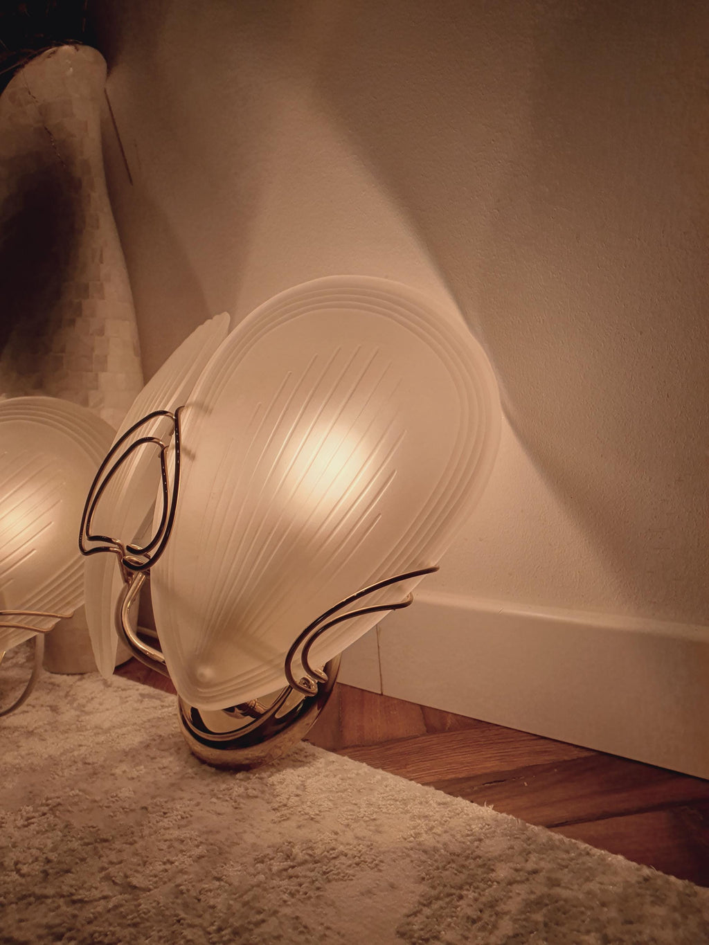 Art Deco Petal Wall Sconces: Matte Glass, Golden Base, Hollywood Regency Lights