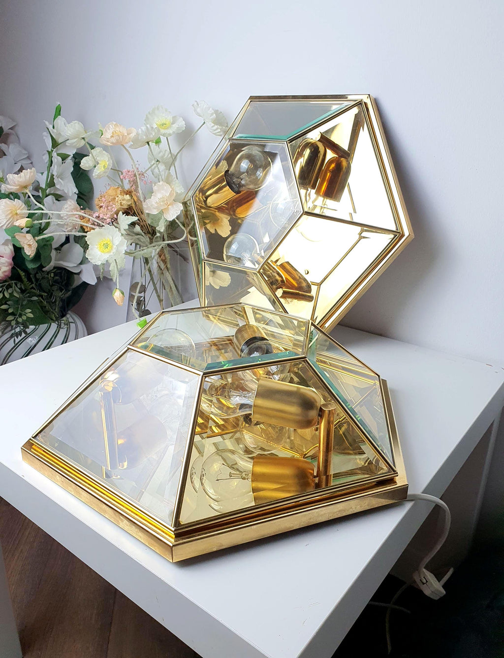 Vintage Italian hexagonal mirror glass light front view, faceted mirrored panels, gold-toned accents, geometric silhouette