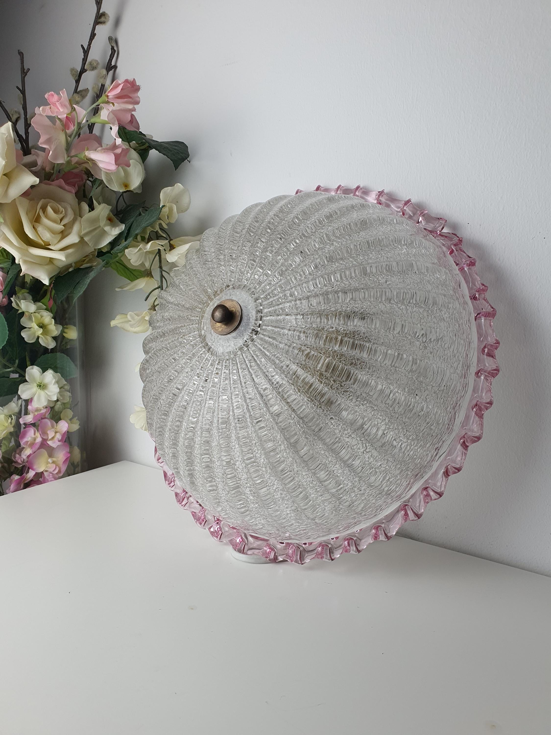 Vintage Floral Murano Glass Flush Mount – Frosted Sand Finish with Pink Edge