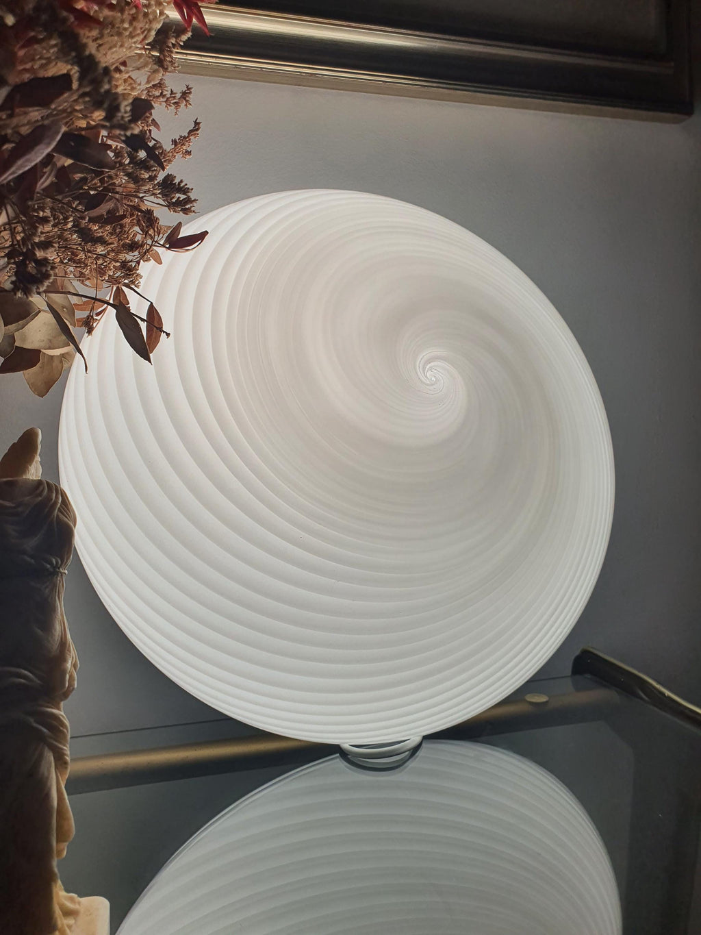 Large Vintage Murano Glass White Swirl Flush Mount Light