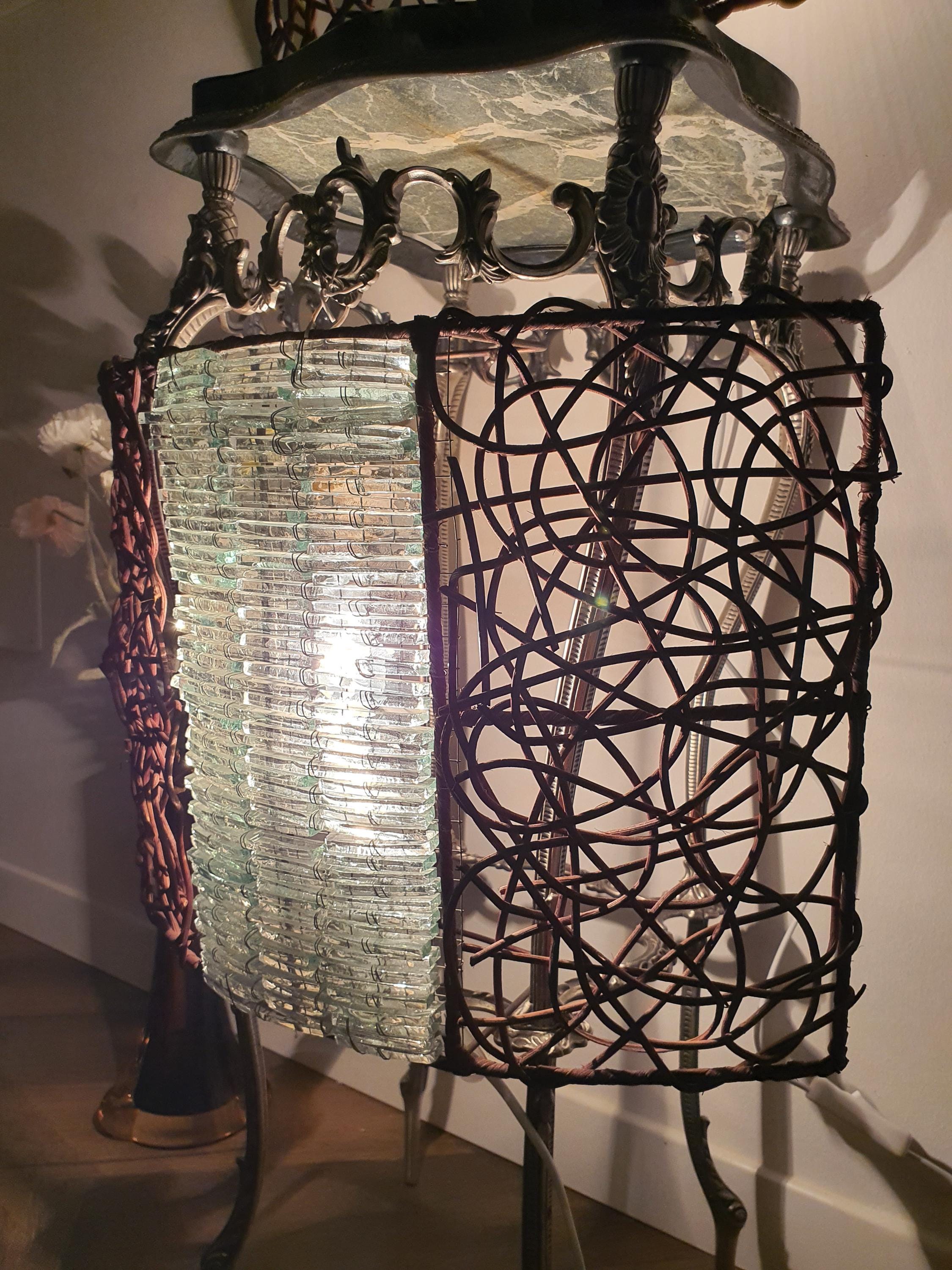 Pair of Large Mosaic Bottle Glass & Rattan Wall Sconces | Handcrafted Vintage Lighting