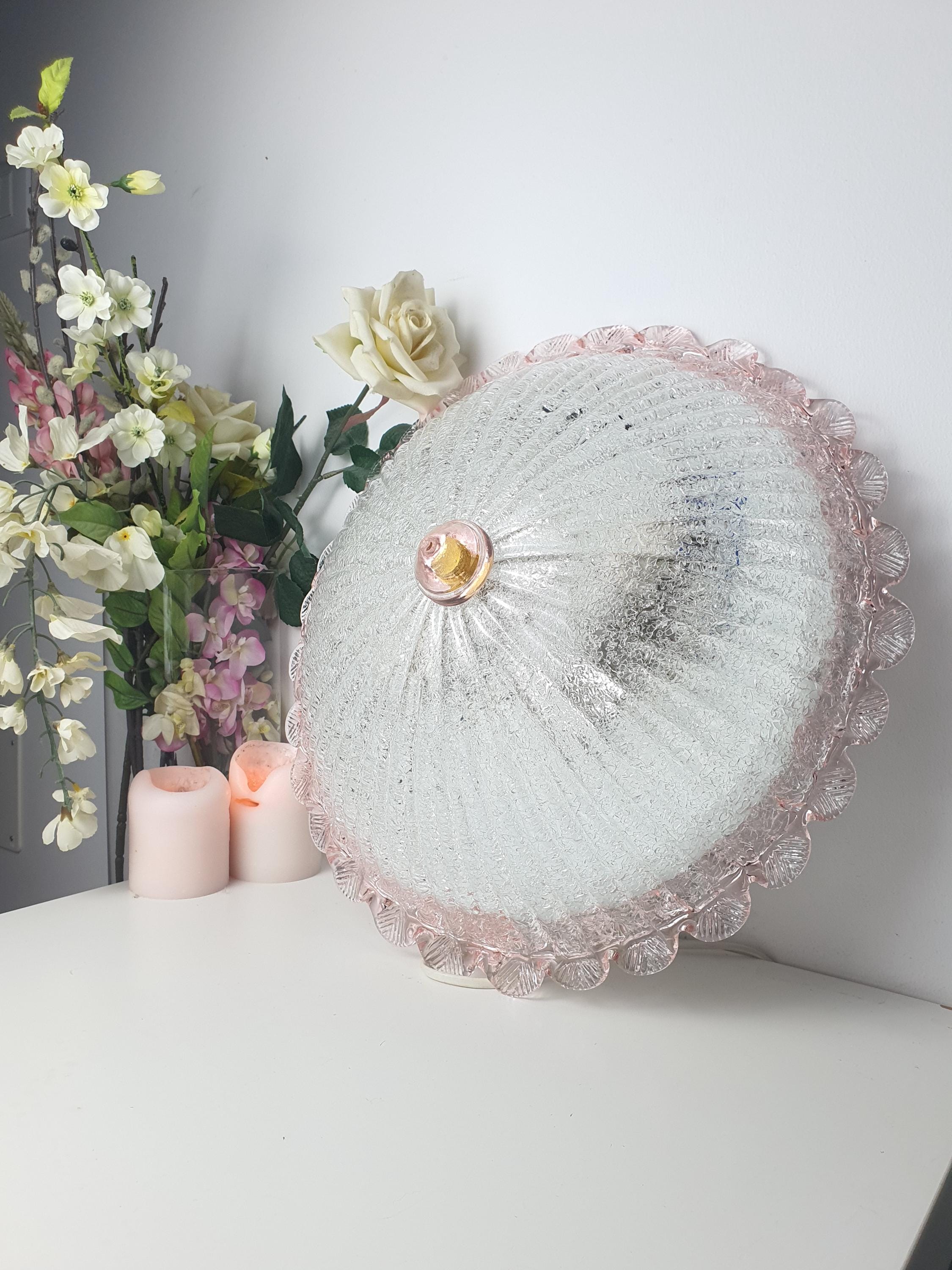 Vintage Murano glass floral flush mount with central cone diffuser, frosted shell relief, pink accent rim, graniglia reverse, Italy