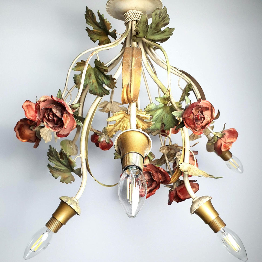 Vintage Italian tole chandelier — 6 arms, hand-painted red roses green and gold, front view