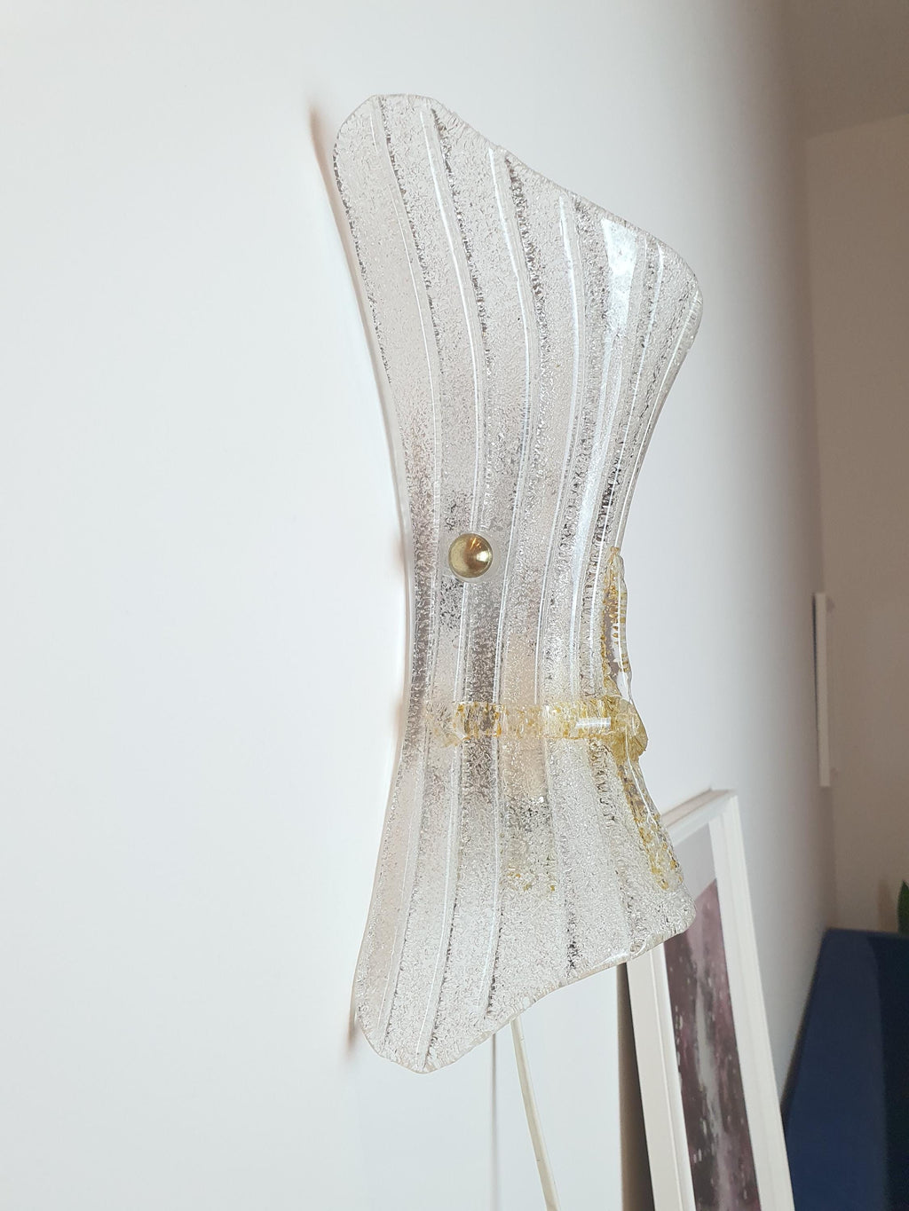 Vintage Murano Frosted Glass Wall Sconce: Venetian Shell Light with Yellow Bow